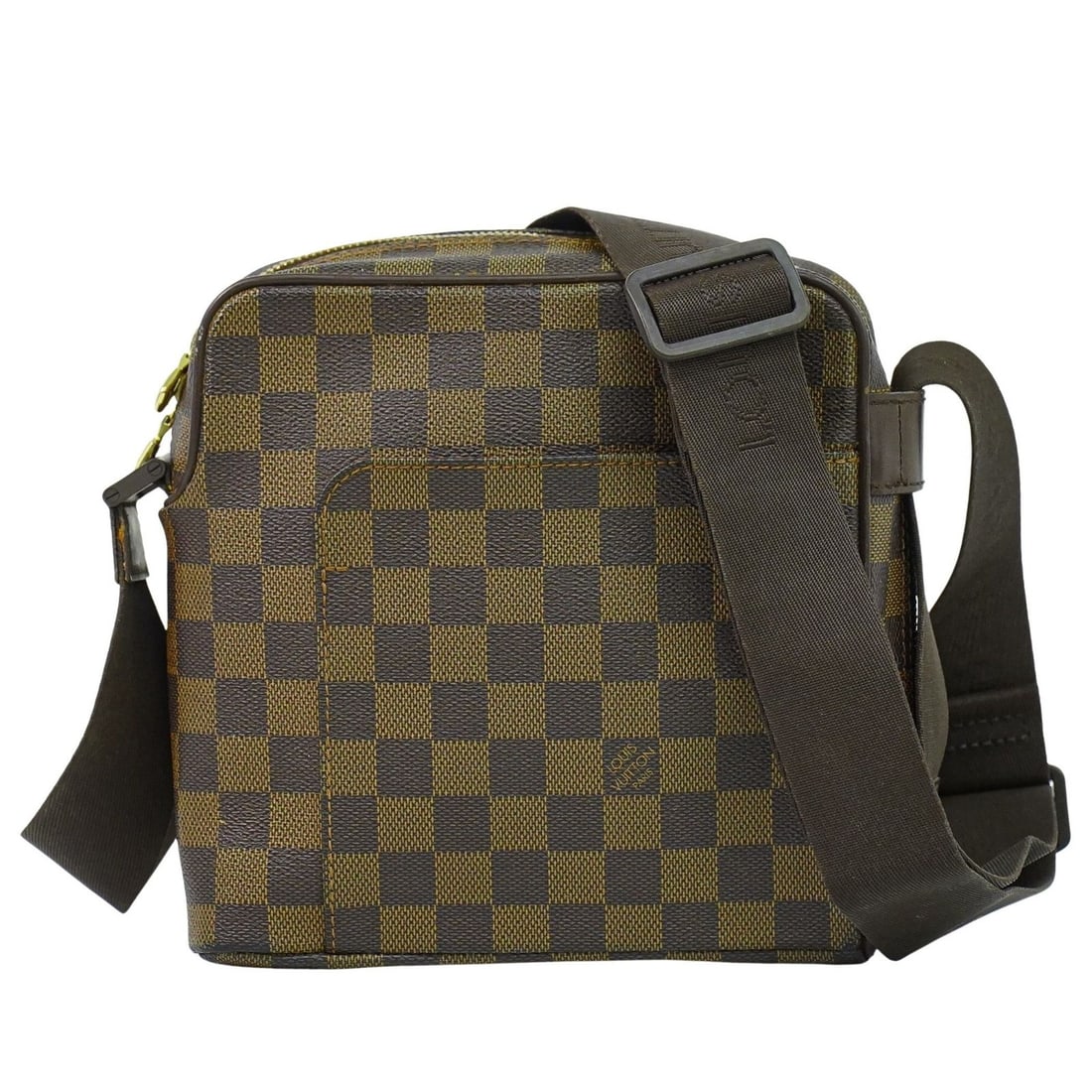 Louis Vuitton Unisex Olav Canvas Handbag Brown 19x19x7cm: Louis Vuitton Unisex Olav Canvas Handbag Brown 19x19x7cm The Louis Vuitton Olav Handbag in brown Damier canvas is a unisex accessory with a compact design. It shows signs of use including body upper f