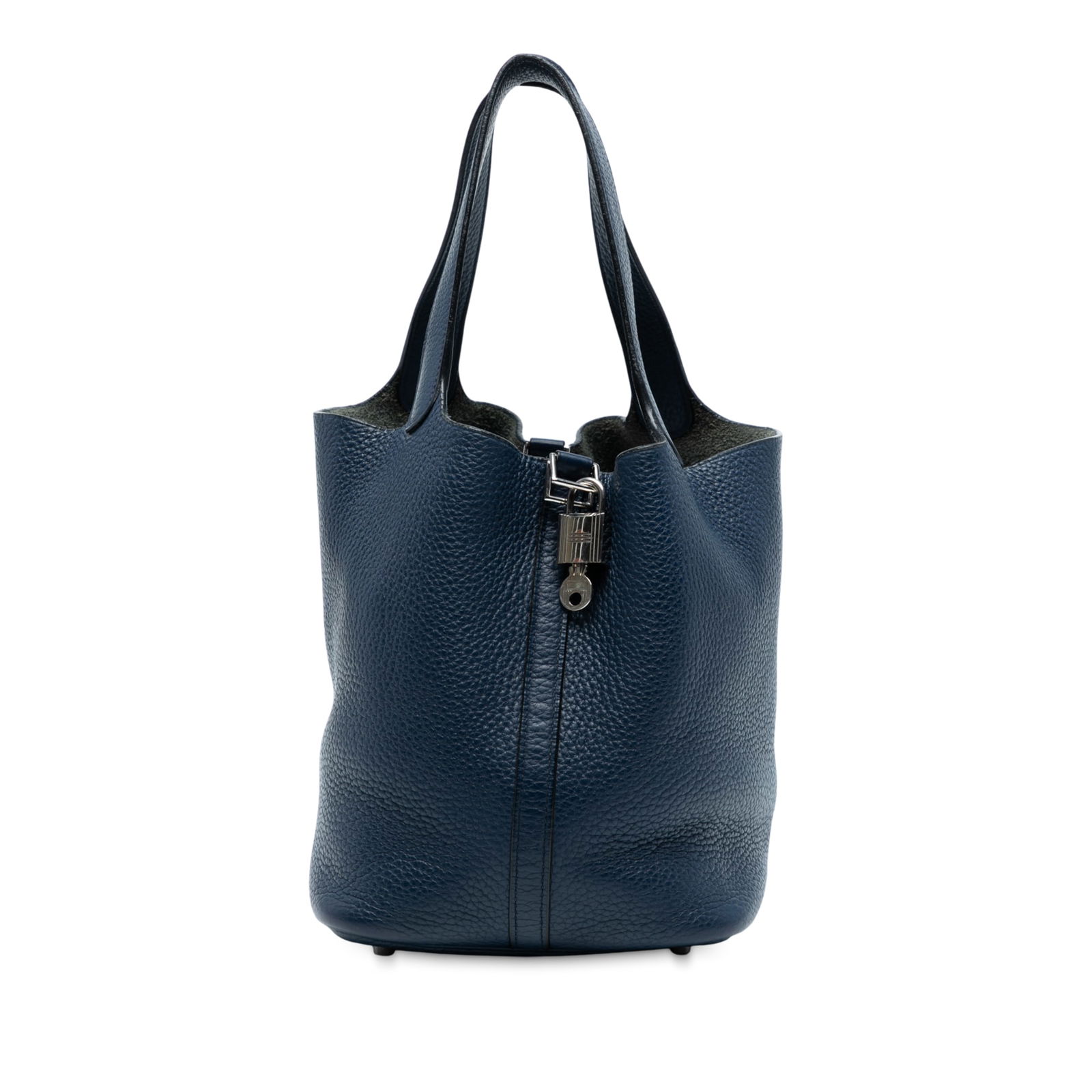 Hermes Clemence Picotin Lock 22 Bleu de Malte Leather Bag: Hermes Clemence Picotin Lock 22 Bleu de Malte Leather Bag This Hermes Clemence Picotin Lock 22 handbag is crafted from supple Clemence leather in a striking Bleu de Malte color. It features flat top h