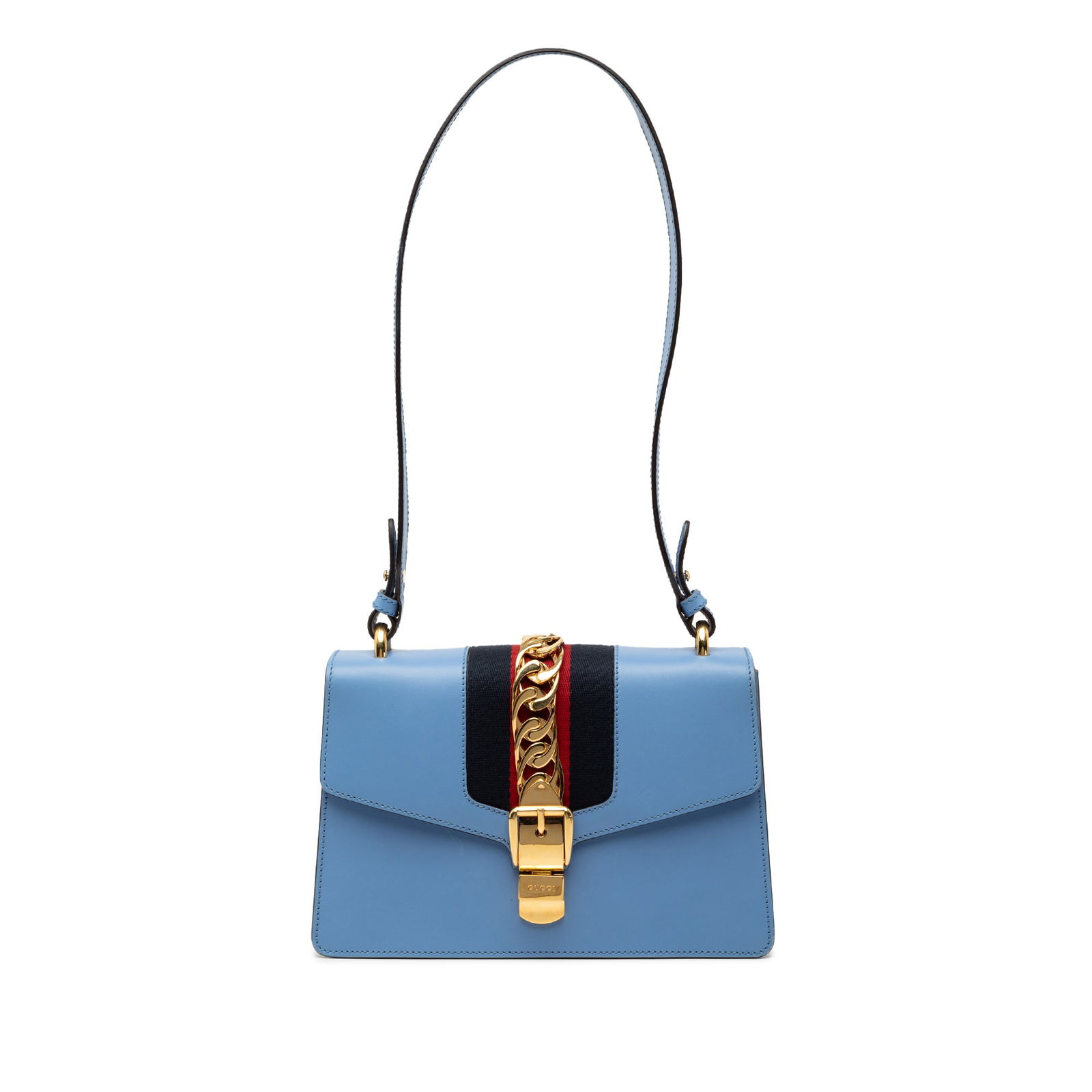 Gucci Sylvie Small Blue Leather Satchel with Web Detail and Shoulder Strap: Gucci Sylvie Small Blue Leather Satchel with Web Detail and Shoulder Strap This Gucci Small Leather Sylvie Web Satchel features a blue leather body accented with signature web detail. It includes a de