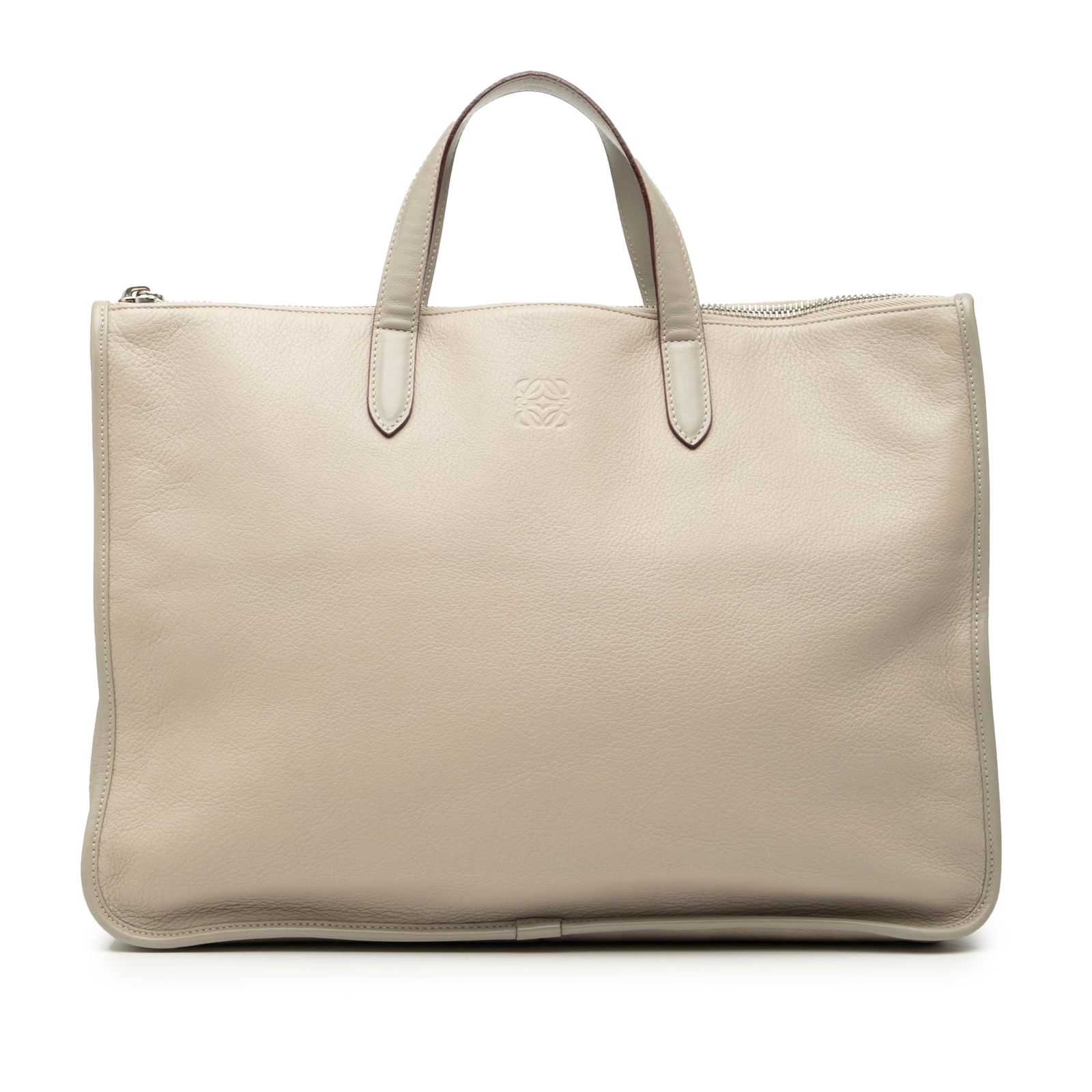 Leather Business Bag by LOEWE Anagram Toledo Collection Gray: Leather Business Bag by LOEWE Anagram Toledo Collection Gray This LOEWE Leather Anagram Toledo Briefcase features a gray leather body with flat leather handles and a top zip closure. The interior incl