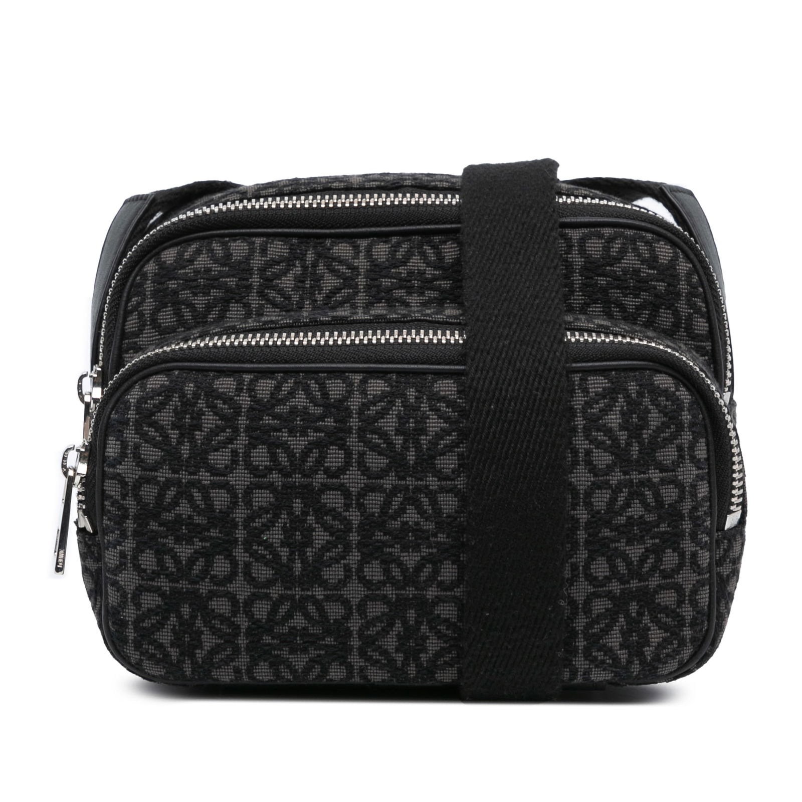 LOEWE Mini Anagram Logo Black Canvas Crossbody Bag: LOEWE Mini Anagram Logo Black Canvas Crossbody Bag The LOEWE Mini Anagram Canvas Logo Camera Bag is a stylish and practical crossbody bag crafted from durable canvas. This bag features a flat shoulder
