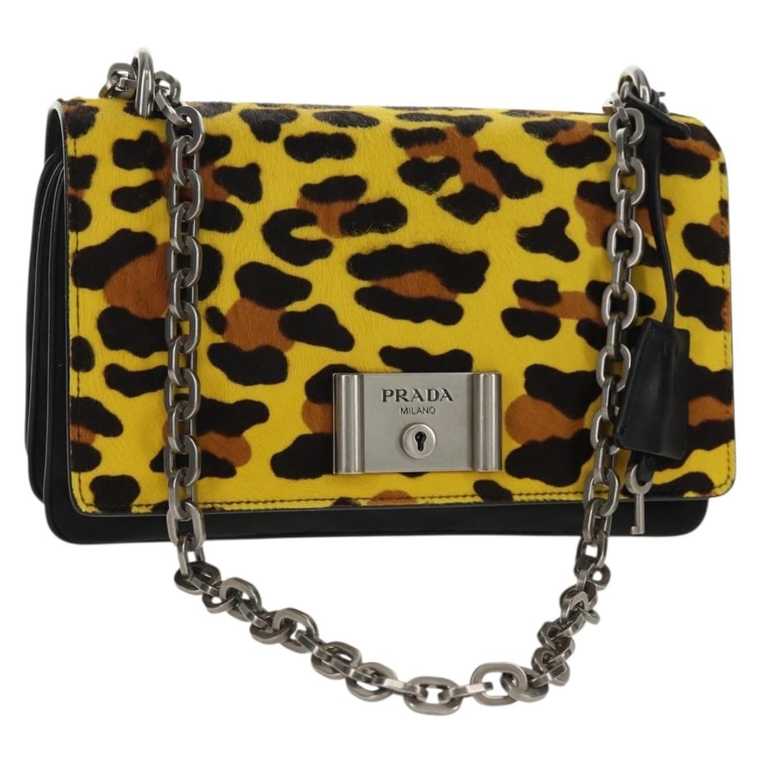 PRADA Nylon Chain Shoulder Bag Yellow Silver Auth Italy: PRADA Nylon Chain Shoulder Bag Yellow Silver Auth Italy This stylish PRADA Chain Shoulder Bag combines luxury with functionality, crafted from durable nylon in a vibrant yellow and silver color scheme