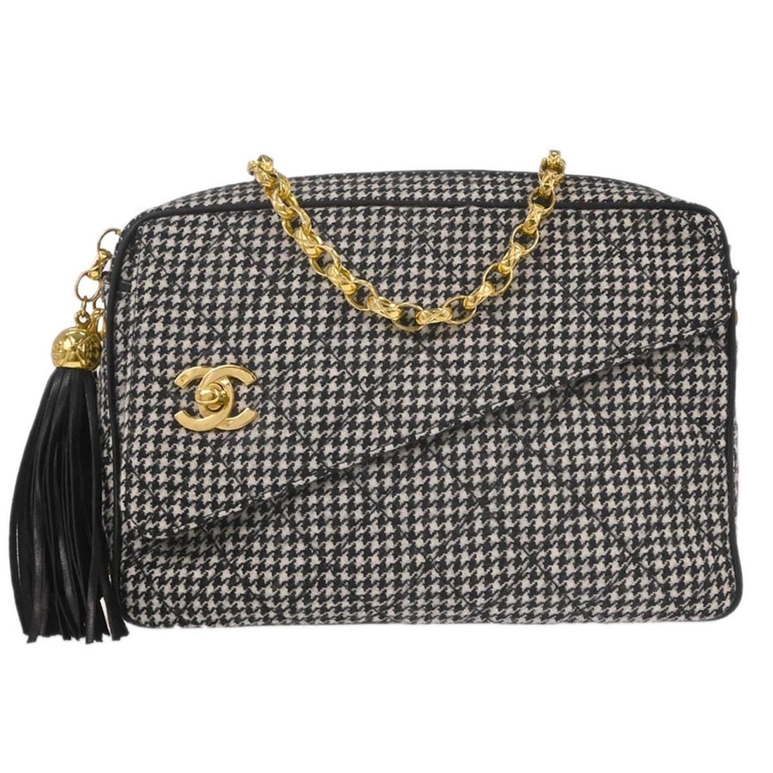 Chanel Small Camera Bag in Black Tweed and Leather with Chain Strap: Chanel Small Camera Bag in Black Tweed and Leather with Chain Strap This Chanel Black Tweed Houndstooth Camera Bag in small size features a quilted exterior crafted from leather tweed with gold-colore
