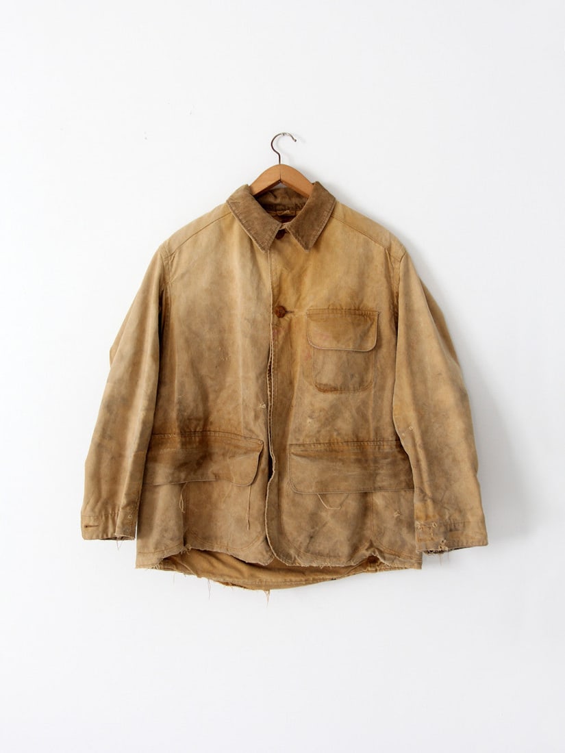 1930s Vintage Duxbak Waterproof Field Coat with Corduroy Collar: 1930s Vintage Duxbak Waterproof Field Coat with Corduroy Collar Discover this remarkable 1930s vintage Duxbak field coat, a true piece of history from our Stylist's Collection. Crafted from durable ta