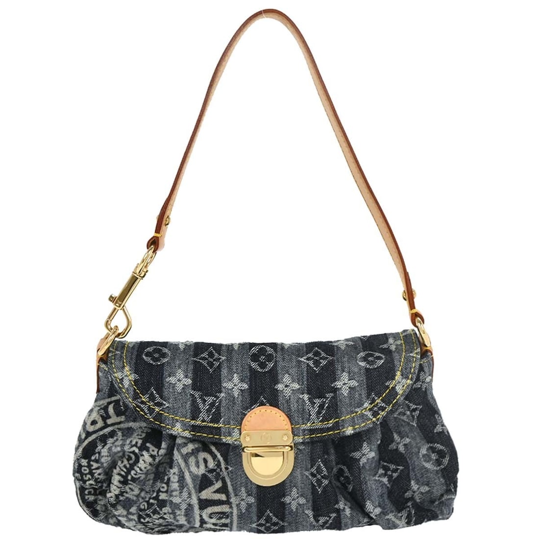 Louis Vuitton Blue Monogram Denim Mini Pleaty Raye Handbag M95333: Louis Vuitton Blue Monogram Denim Mini Pleaty Raye Handbag M95333 This Louis Vuitton Mini Pleaty Raye Handbag features a chic blue monogram denim canvas exterior with leather accents. The bag is desig