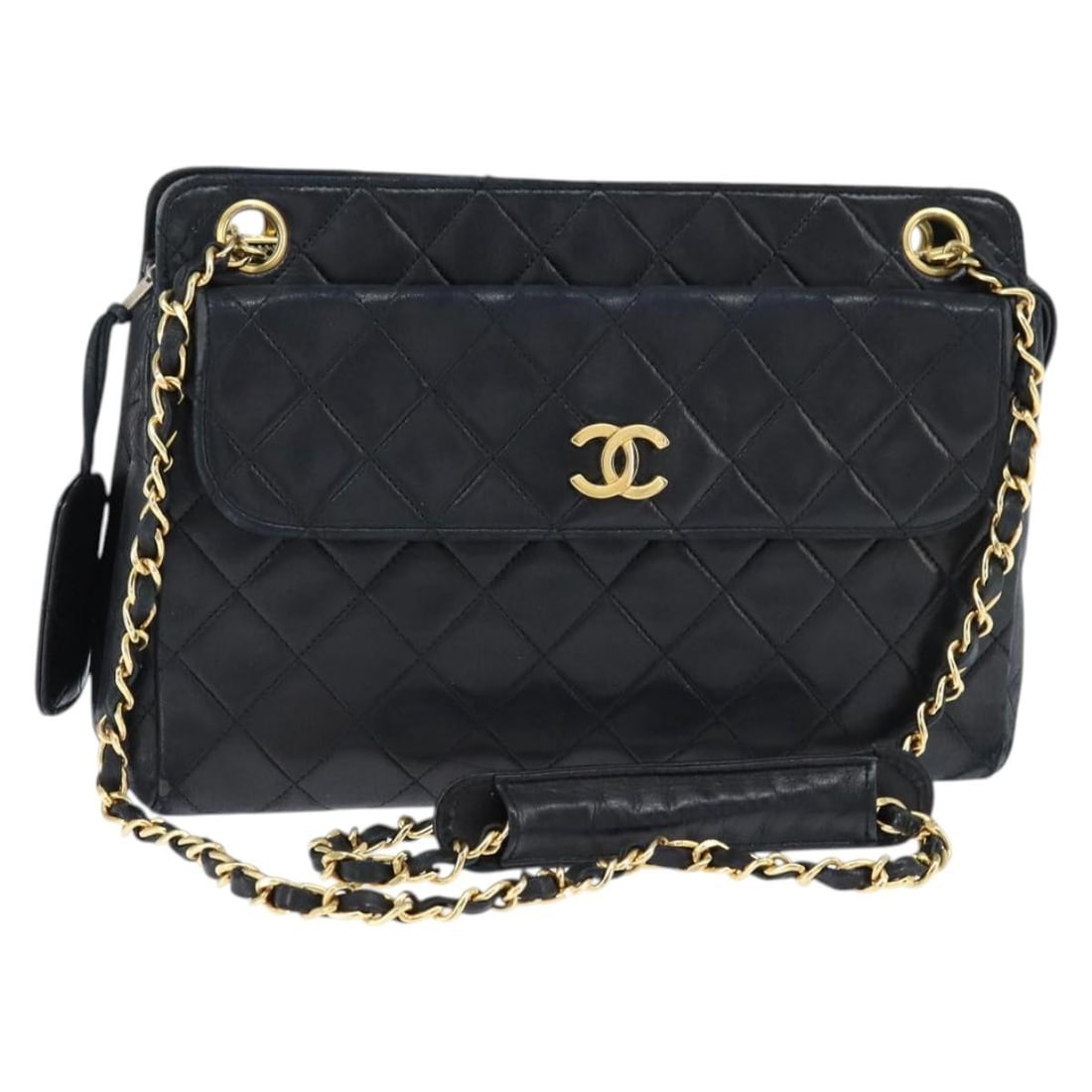 Black Lambskin Vintage Chanel Quilted Chain Shoulder Bag with Front Pocket: Black Lambskin Vintage Chanel Quilted Chain Shoulder Bag with Front Pocket This Chanel vintage front pocket shoulder bag is crafted from quilted black lambskin leather and features a classic chain sho