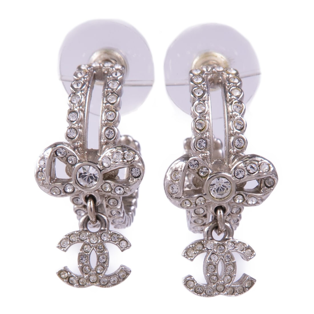 CHANEL Silver CC Pierced Earrings Clear Accessories France (1 of 8)