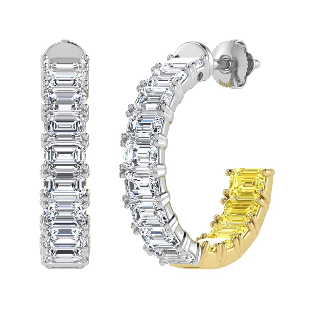 14K Two Tone Lab Grown 5 5/8 Ct.Tw. Outside White and Inside Yellow Emerald Hoop Earrings: 14K Two Tone Lab Grown 5 5/8 Ct.Tw. Outside White and Inside Yellow Emerald Hoop Earrings These luxurious 14K two-tone gold hoops showcase 5 5/8 Ct.Tw. of emerald-cut lab grown diamonds for a bold yet