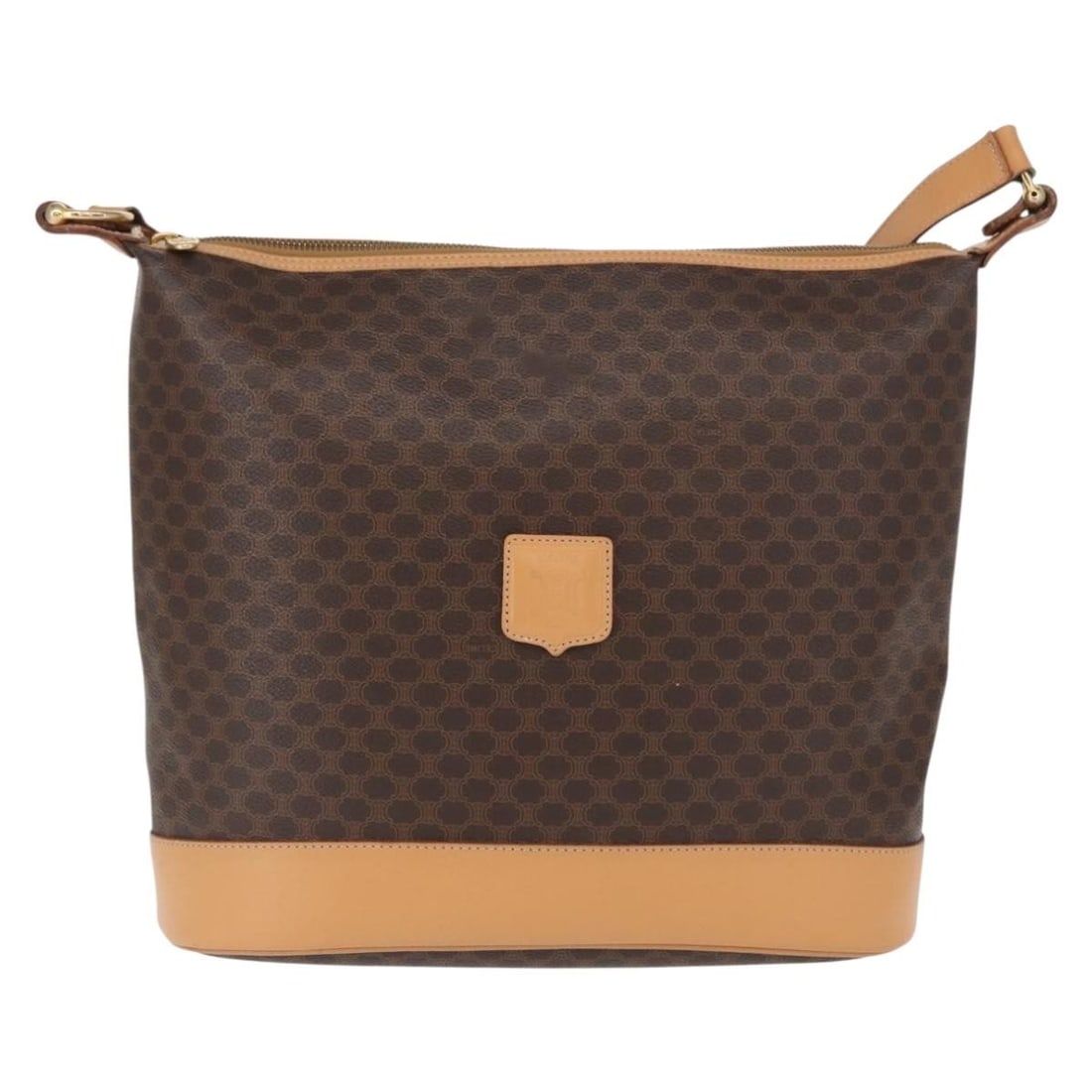 Celine Macadam Canvas and Leather Shoulder Bag Vintage Brown: Celine Macadam Canvas and Leather Shoulder Bag Vintage Brown This Celine Vintage Macadam Shoulder Bag for women features brown canvas material with leather accents, designed in Italy. The bag measures