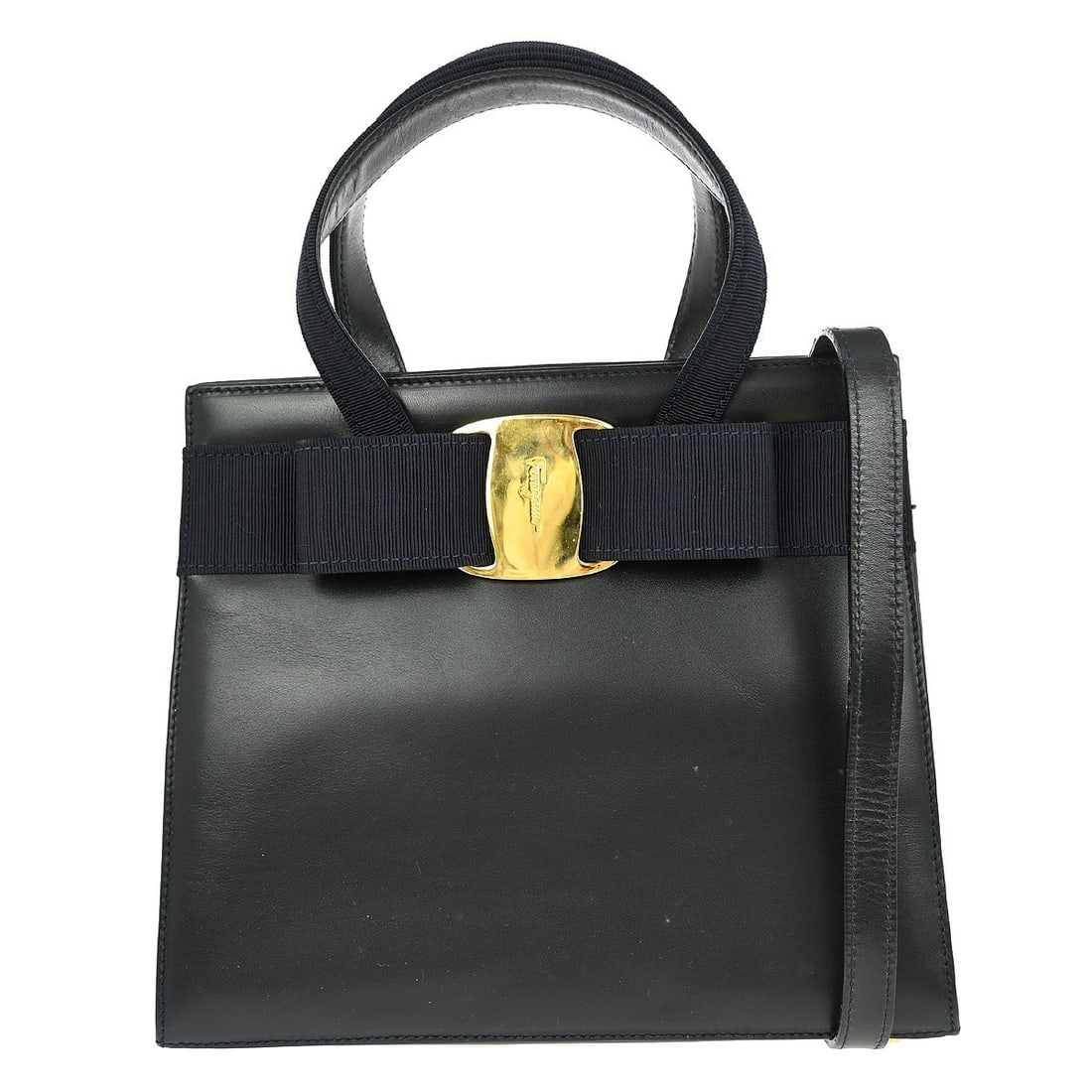Salvatore Ferragamo Vara Bow Navy Leather Top Handle 2Way Bag BA214178: Salvatore Ferragamo Vara Bow Navy Leather Top Handle 2Way Bag BA214178 This Salvatore Ferragamo Vara Bow 2-way handbag features a navy leather exterior with a signature logo accent and top handle desi