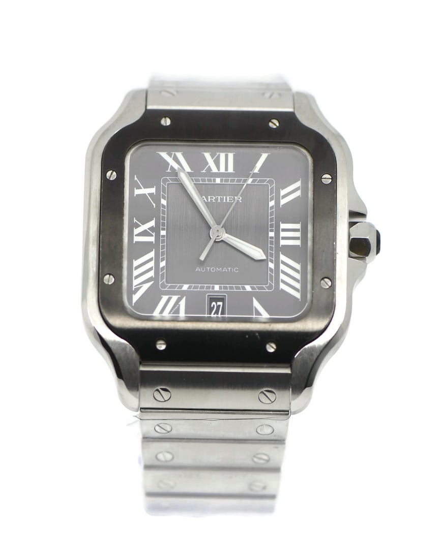 Santos Large Stainless Steel Automatic Watch by Cartier WSSA0037 with Box: Santos Large Stainless Steel Automatic Watch by Cartier WSSA0037 with Box The Cartier Santos Large wristwatch features a stainless steel case and band, a gray analog dial, and an automatic mechanical