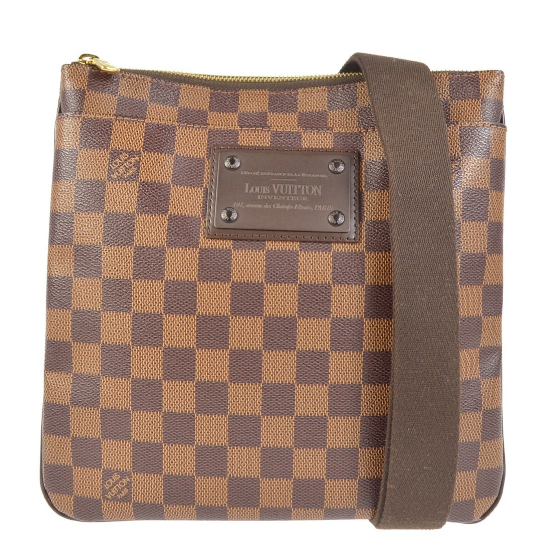 Louis Vuitton Damier Pochette Plate Brooklyn Crossbody Bag N41100: Louis Vuitton Damier Pochette Plate Brooklyn Crossbody Bag N41100 Elevate your style with the Louis Vuitton Damier Pochette Plate Brooklyn Shoulder Bag. This large, casual crossbody bag features a sty