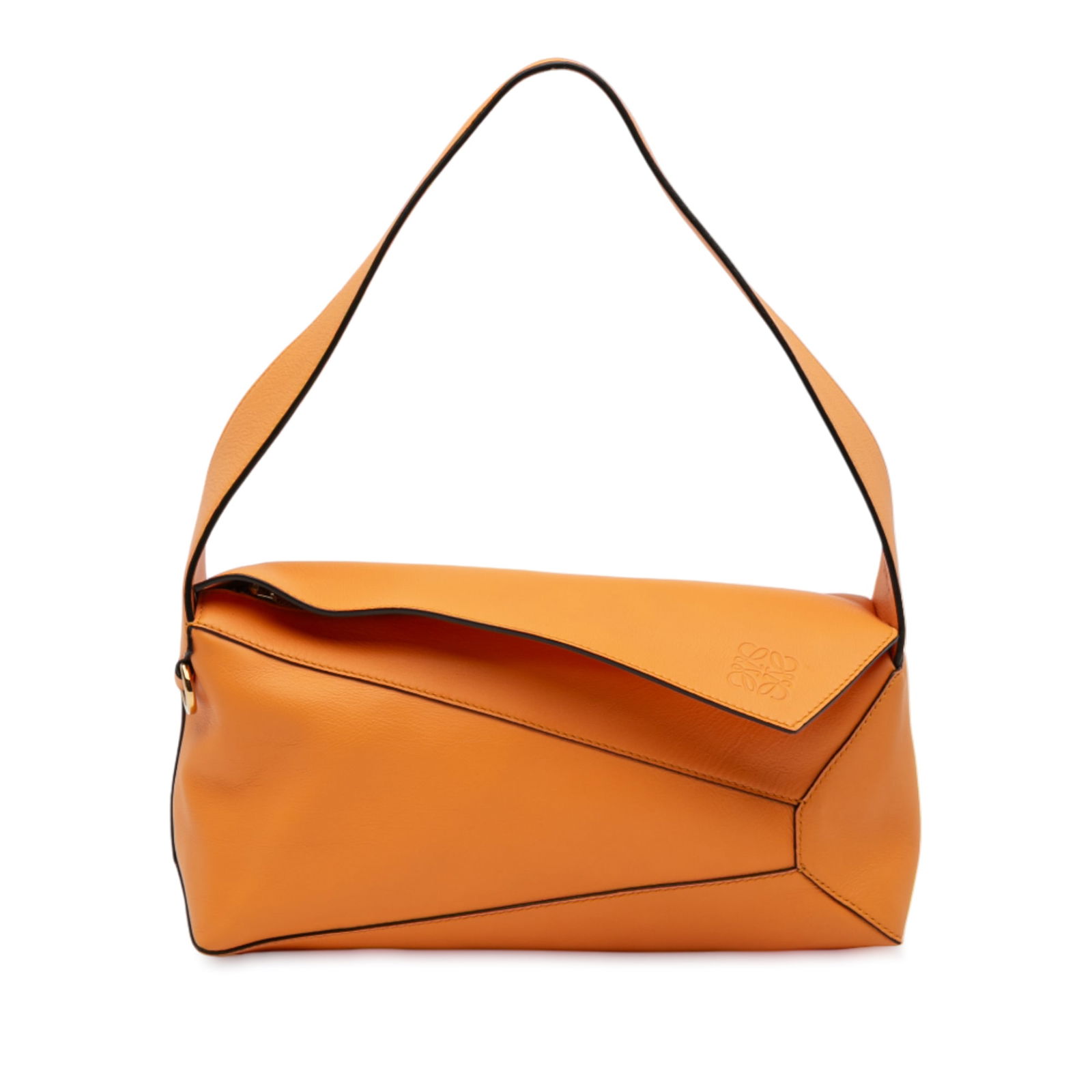 Orange Leather Puzzle Hobo Shoulder Bag by Loewe: Orange Leather Puzzle Hobo Shoulder Bag by Loewe This LOEWE Puzzle Hobo shoulder bag showcases a distinctive geometric design crafted in orange calfskin leather. It features a flat leather strap, a fr