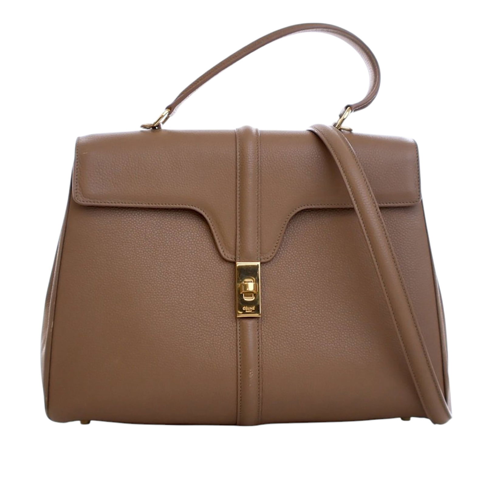 Celine Classique 16 Medium Brown Leather Top Handle Handbag: Celine Classique 16 Medium Brown Leather Top Handle Handbag The Celine Medium Leather Classique 16 Top Handle Bag features a structured leather body with a flat leather top handle and a detachable fla