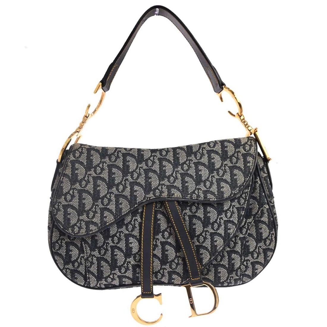 Dior Saddle Bag Navy Canvas and Leather Double Saddle RU0011 Medium Shoulder: Dior Saddle Bag Navy Canvas and Leather Double Saddle RU0011 Medium Shoulder This Christian Dior Navy Trotter Double Saddle Handbag features a medium-sized silhouette crafted from canvas and leather i