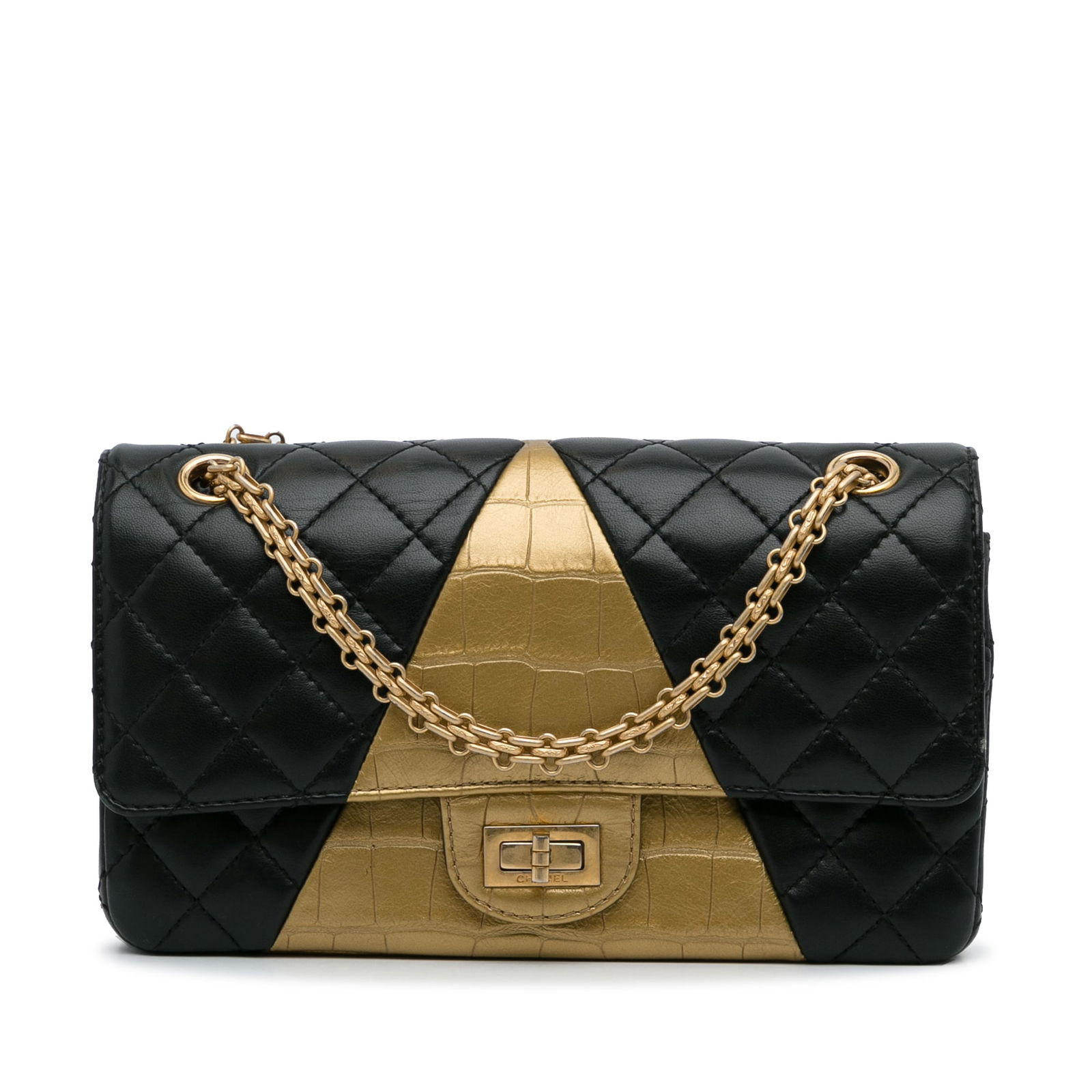 Chanel Medium 2.55 Reissue Double Flap Bag Black Croc Embossed Lambskin: Chanel Medium 2.55 Reissue Double Flap Bag Black Croc Embossed Lambskin Elevate your accessory collection with the Chanel Medium Croc Embossed Lambskin 2.55 Reissue Double Flap Bag. This exquisite sho