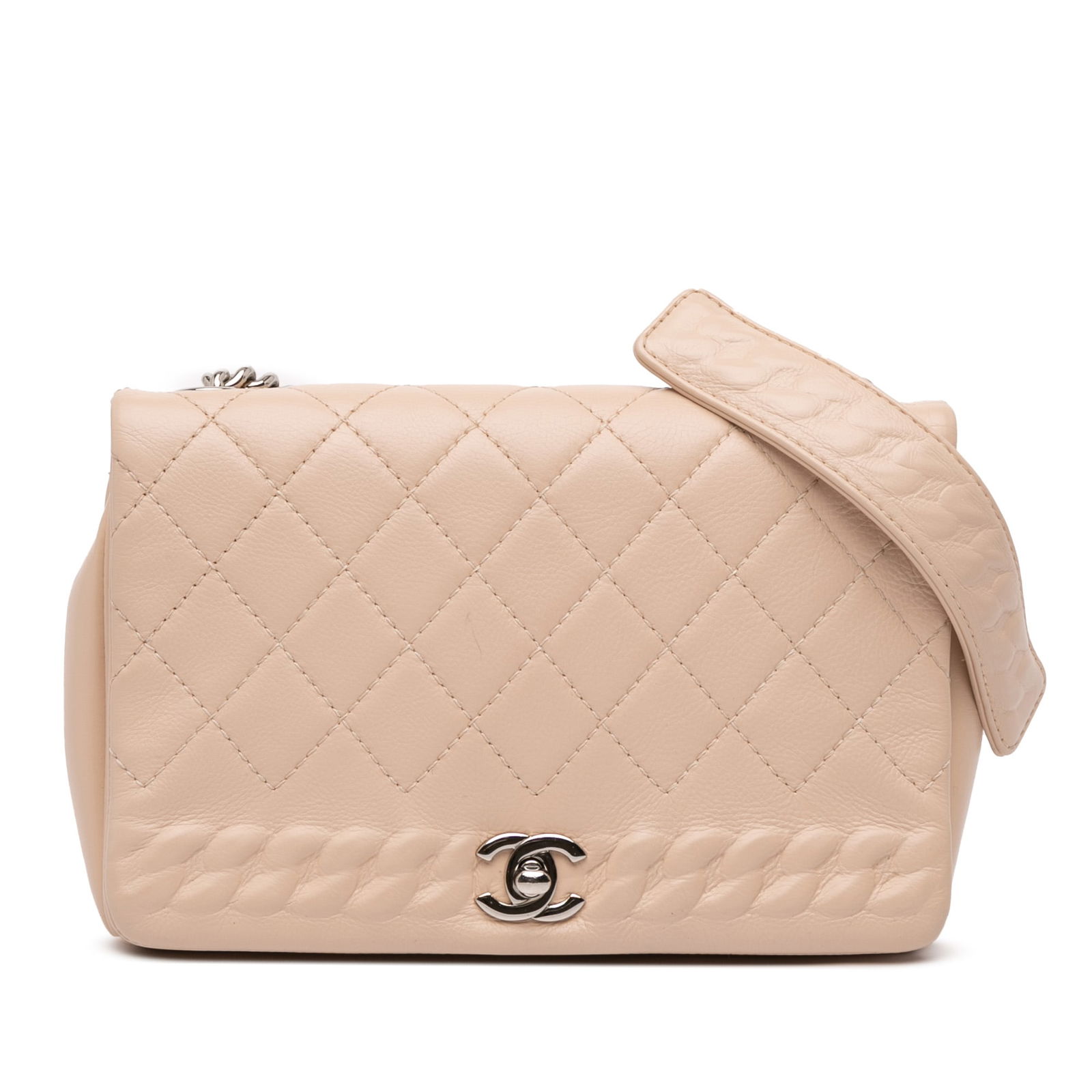 Chanel Brown Quilted Calfskin Chain Embossed Flap Bag: Chanel Brown Quilted Calfskin Chain Embossed Flap Bag Introducing the Chanel Quilted Calfskin Chain Embossed Flap, a stunning crossbody bag crafted from luxurious quilted calf leather. This elegant pi
