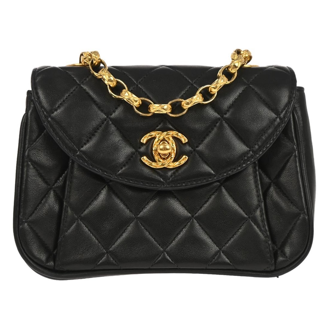 Mini Lambskin Shoulder Bag by Chanel in Black with Turn Lock Closure: Mini Lambskin Shoulder Bag by Chanel in Black with Turn Lock Closure This Chanel shoulder bag features a mini size and is crafted from black lambskin with a turn lock closure. Designed with a shoulder