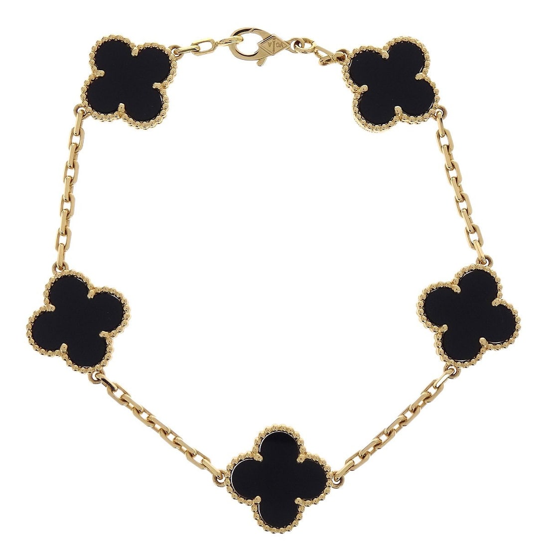 Van Cleef Arpels Alhambra Onyx and 18K Gold Five Motif Bracelet: Van Cleef Arpels Alhambra Onyx and 18K Gold Five Motif Bracelet This Van Cleef & Arpels Alhambra 5P bracelet features five onyx motifs set in 750 gold. The elegant chain style highlights the contrast