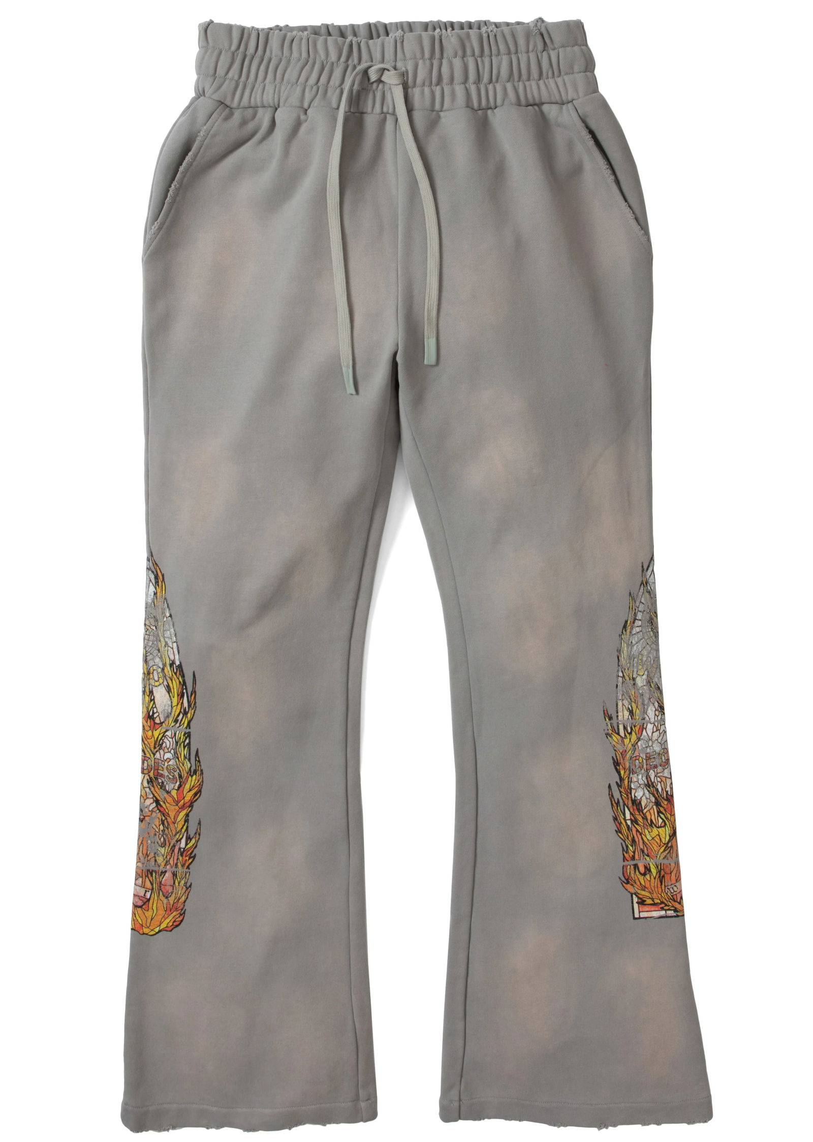 Faded Grey Flame Glass Sweatpants by Who Decides War: Faded Grey Flame Glass Sweatpants by Who Decides War These Who Decides War Flame Glass Faded Grey Sweatpants showcase a deconstructed design with a washed grey finish and distinctive flame glass detai