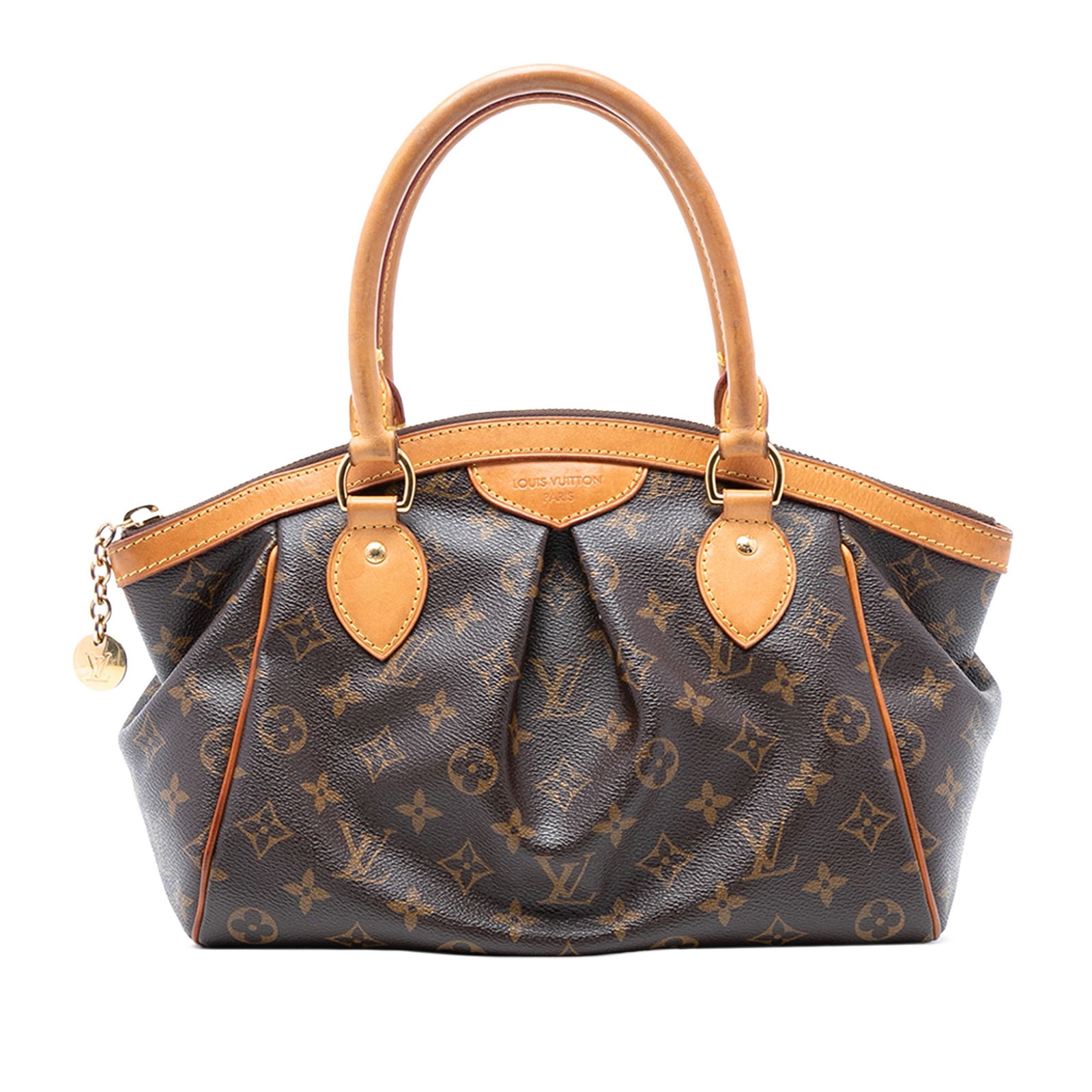 Louis Vuitton Tivoli PM handbag in monogram canvas with vachetta leather trim: Louis Vuitton Tivoli PM handbag in monogram canvas with vachetta leather trim The Louis Vuitton Monogram Tivoli PM features the iconic monogram canvas body with vachetta leather trim and rolled vachet
