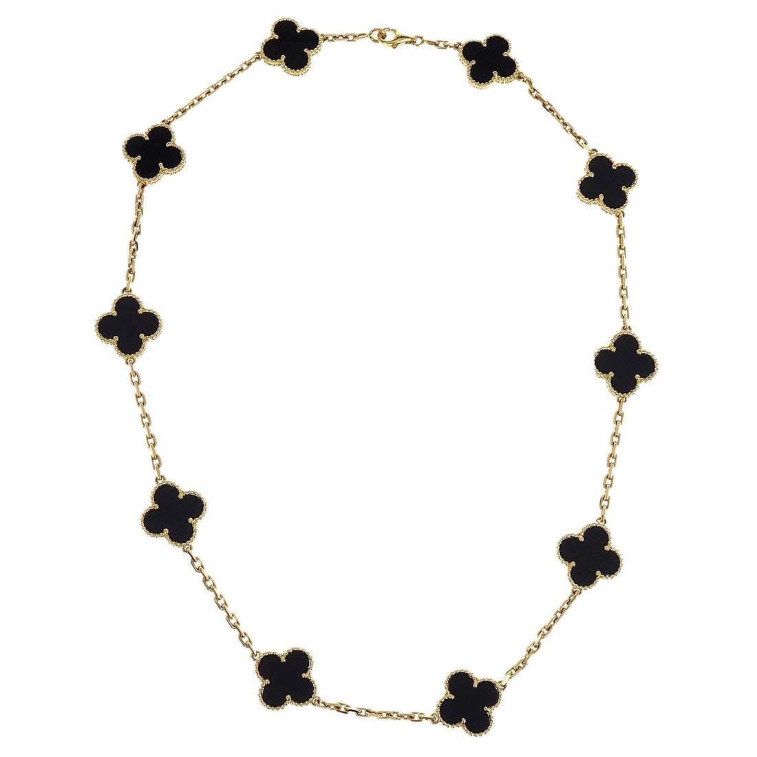 Van Cleef Arpels Alhambra Onyx 10 Motif Gold Necklace Jewelry: Van Cleef Arpels Alhambra Onyx 10 Motif Gold Necklace Jewelry This Van Cleef & Arpels Alhambra necklace features ten onyx charms set in 18k gold (Au750). The necklace showcases a classic chain style w