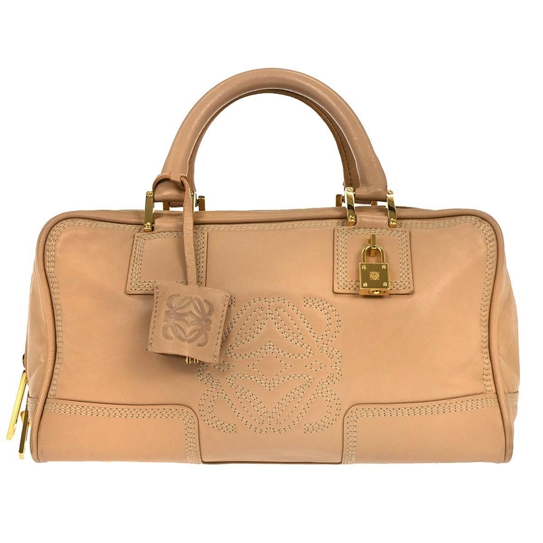 Amazona 28 Medium Top Handle Bag in Beige Nappa Leather by Loewe: Amazona 28 Medium Top Handle Bag in Beige Nappa Leather by Loewe This Loewe Amazona 28 handbag is crafted from beige nappa leather and features a medium-sized top handle design. The bag is equipped wi