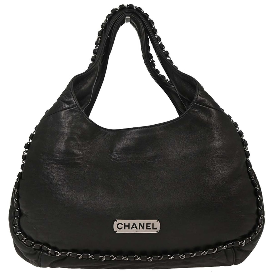 Chanel Luxury Chain Around Black Lambskin Medium Hobo Handbag: Chanel Luxury Chain Around Black Lambskin Medium Hobo Handbag This Chanel hobo bag is crafted from black lambskin leather and features a luxury chain around design. The medium-sized handbag has a magn