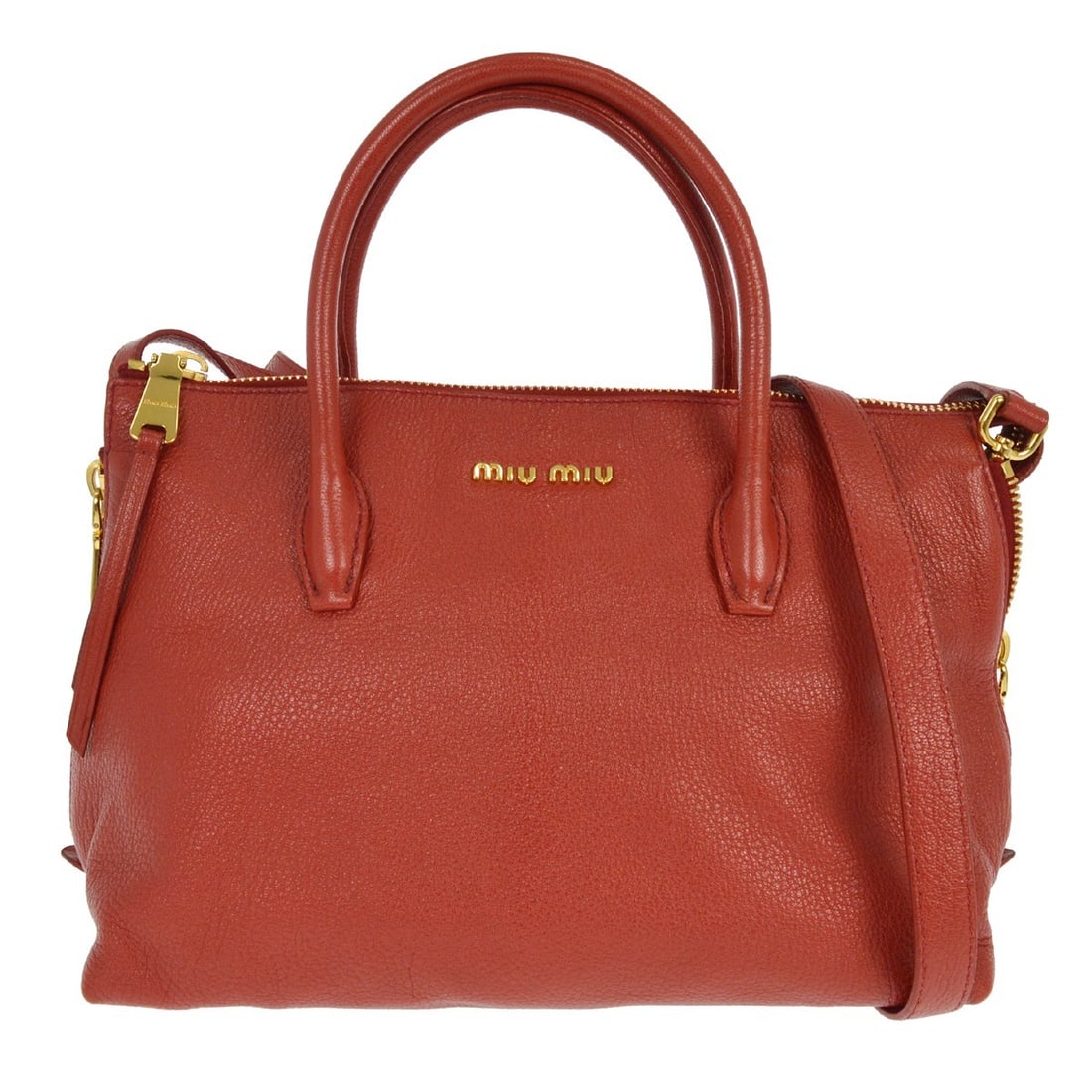 Red Leather Medium Tote by Miu Miu with Double Handles: Red Leather Medium Tote by Miu Miu with Double Handles This Miu Miu handbag features a striking red leather exterior and a versatile 2-way design, allowing it to be carried by double handles or as a t
