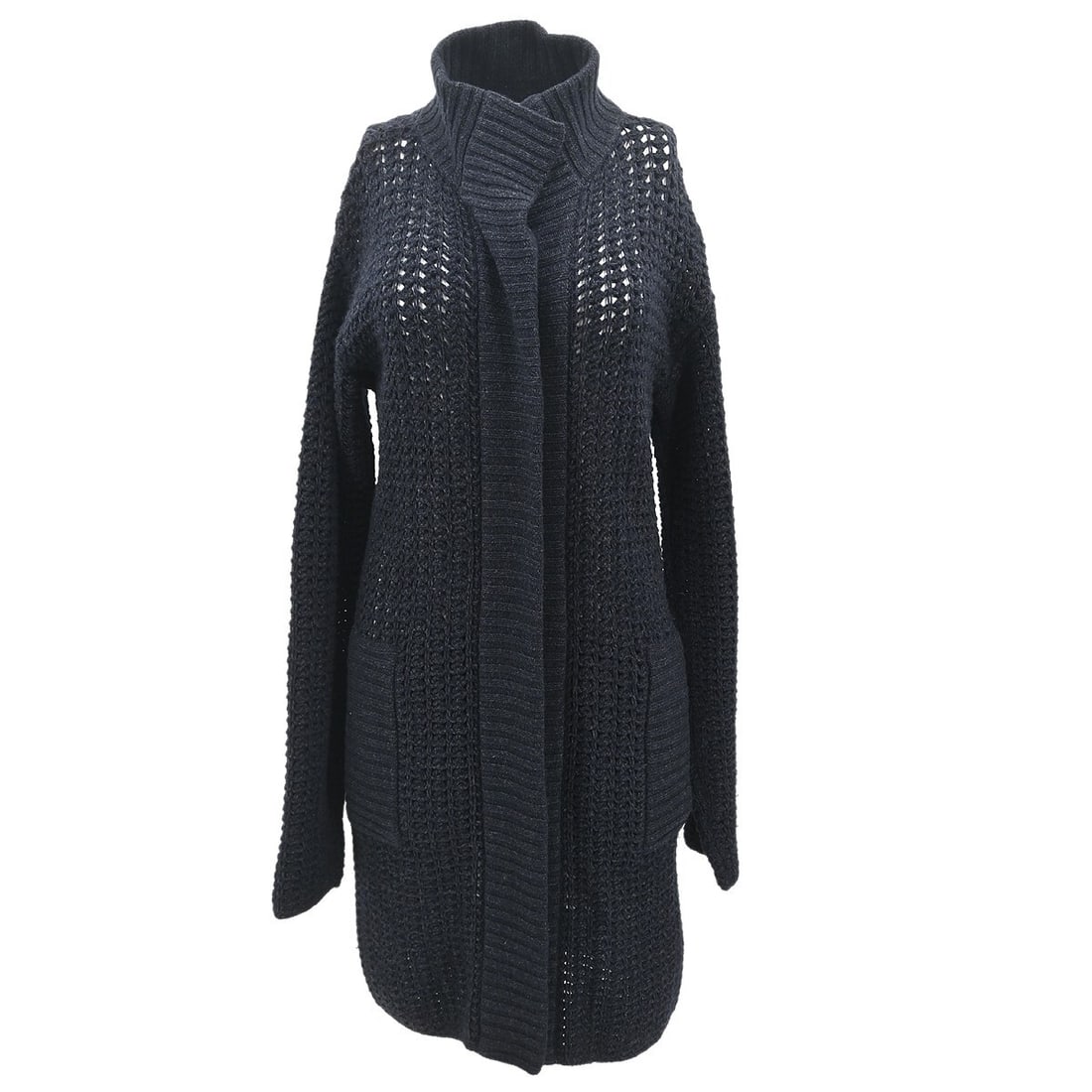 Chanel Navy Gray Long Sleeve Knit Sweater Top #36: Chanel Navy Gray Long Sleeve Knit Sweater Top #36 Elevate your casual wardrobe with this stylish Chanel Long Sleeve Sweater Knit Top in Navy Gray. Featuring a high neckline and long sleeves, this swea