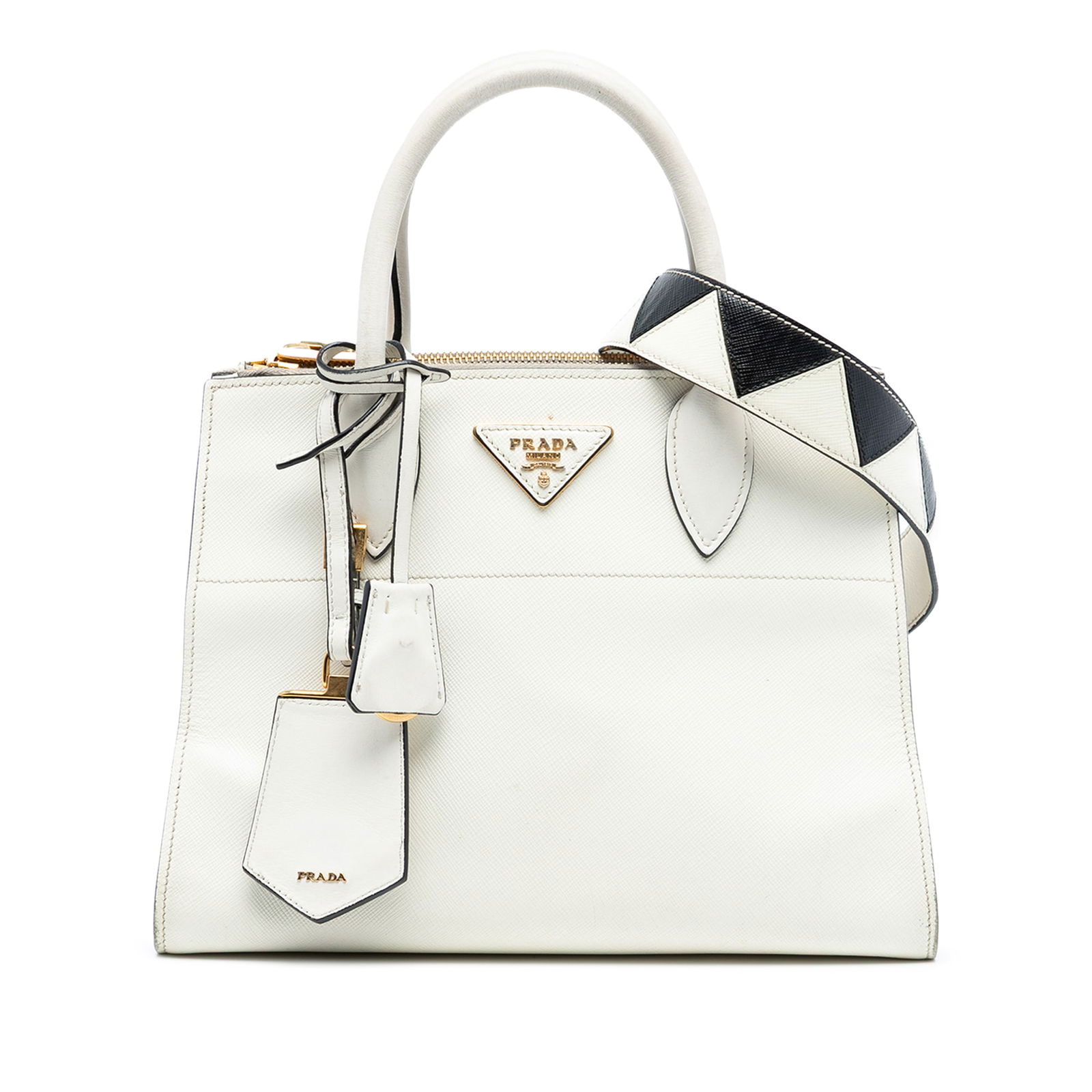 Saffiano Greche Paradigme Satchel by Prada with Leather Trim: Saffiano Greche Paradigme Satchel by Prada with Leather Trim This Prada City Calf Trimmed Saffiano Greche Paradigme Bag features a leather body with rolled leather handles and a detachable flat strap.