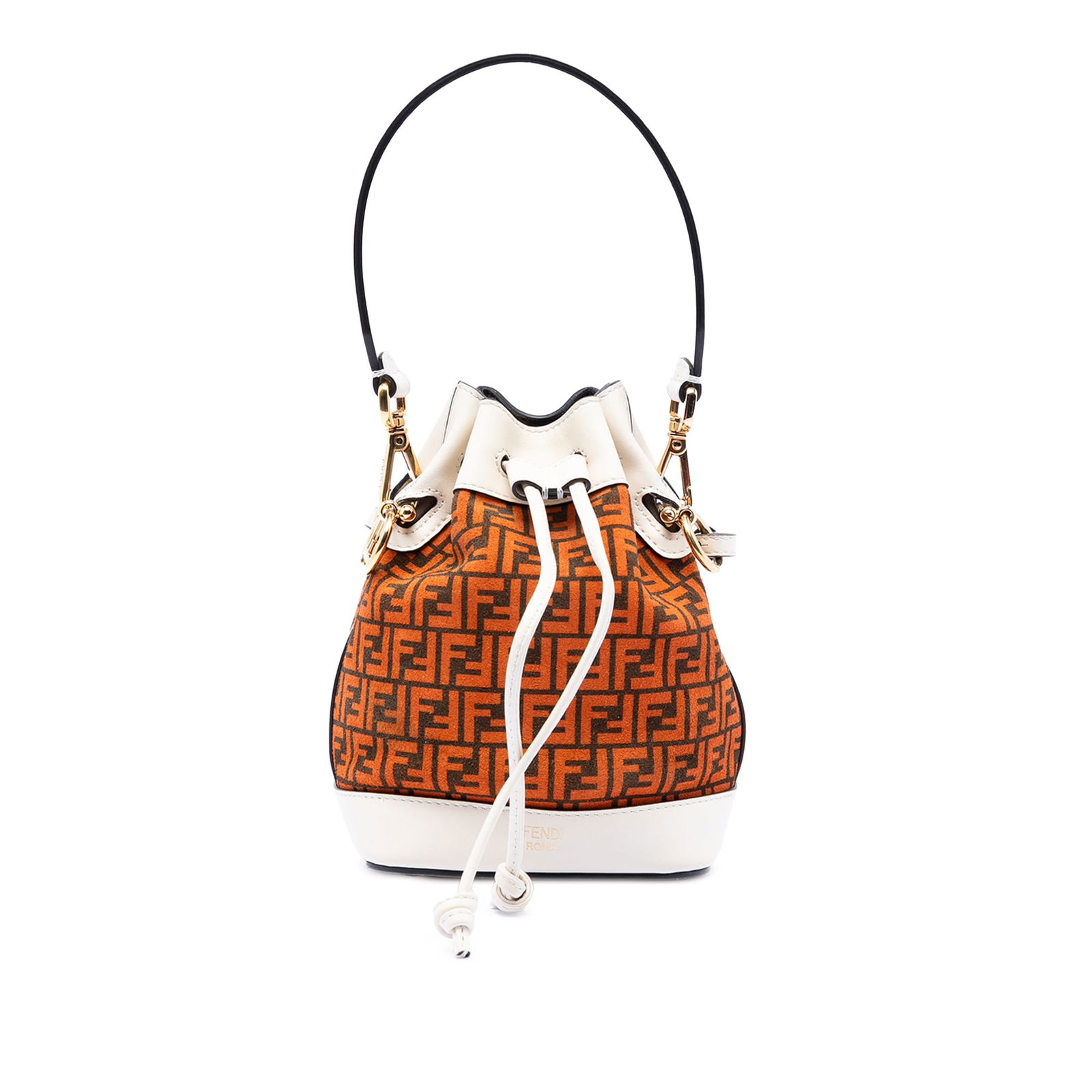 Fendi Mon Tresor Mini Zucca Orange Suede Bucket Bag with Leather Trim: Fendi Mon Tresor Mini Zucca Orange Suede Bucket Bag with Leather Trim This Fendi Mini Zucca Suede Mon Tresor Bucket Bag features a suede body with calf leather trim, a flat leather handle, a detachabl