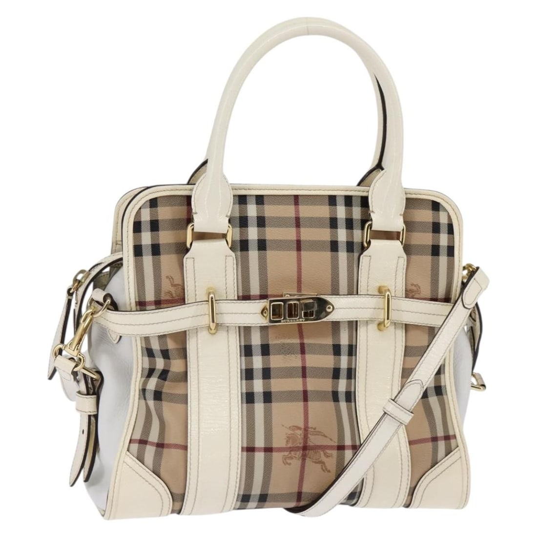 Minford Satchel Beige Canvas Bag by Burberry: Minford Satchel Beige Canvas Bag by Burberry The Burberry Minford Satchel is crafted from beige Haymarket coated canvas and designed for women. This pre-owned tote bag shows signs of use, including ru