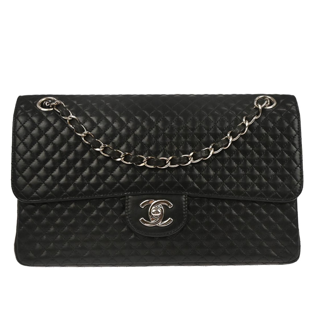 Classic Single Flap Medium Shoulder Bag in Black Lambskin by Chanel: Classic Single Flap Medium Shoulder Bag in Black Lambskin by Chanel This Chanel Classic Single Flap shoulder bag is crafted from black lambskin leather and features a turn lock closure. It is a medium