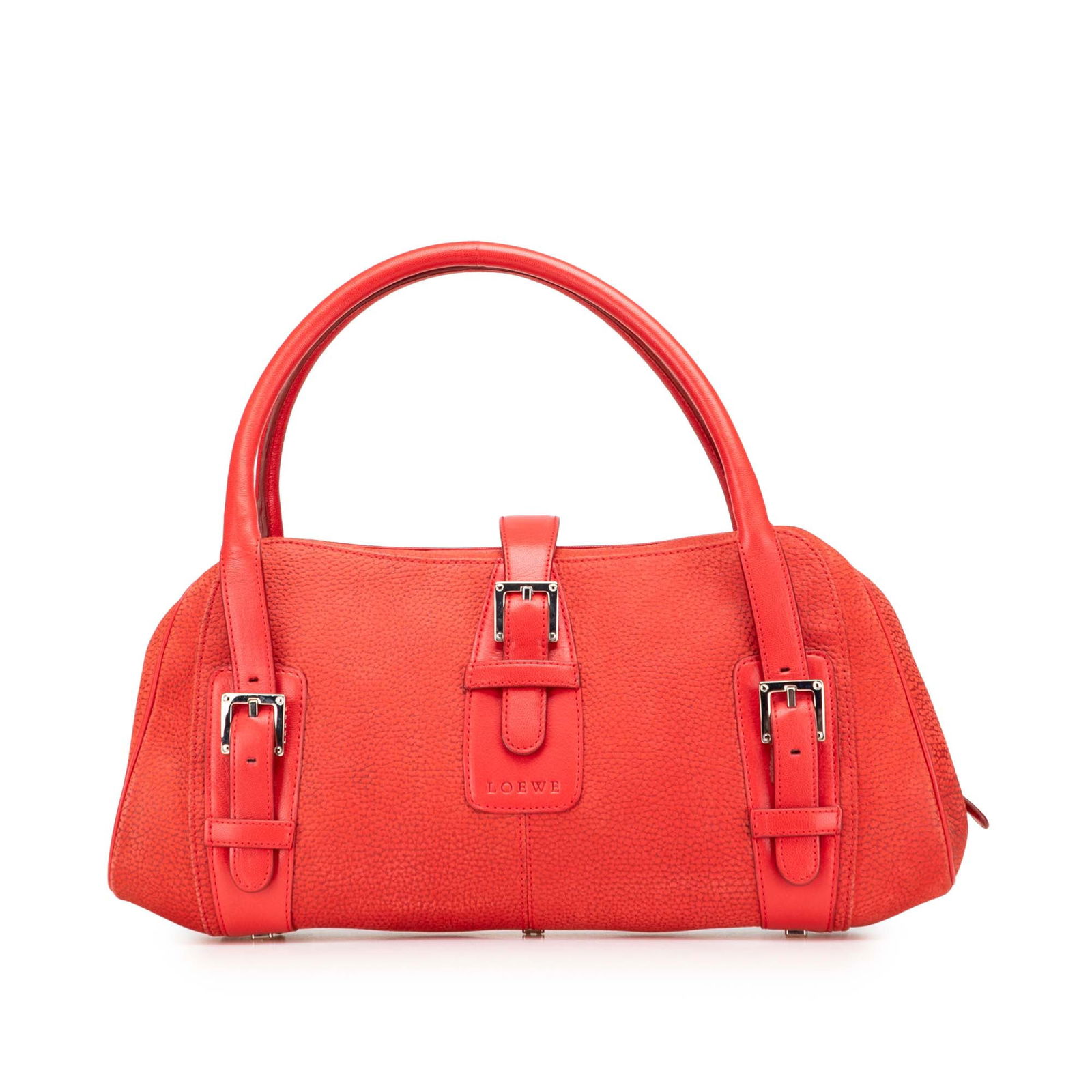 LOEWE Nubuck Senda Handbag in Red with Rolled Leather Handles: LOEWE Nubuck Senda Handbag in Red with Rolled Leather Handles Introducing the LOEWE Nubuck Senda Handbag, a stunning accessory crafted from premium nubuck leather. This stylish handbag features elegan