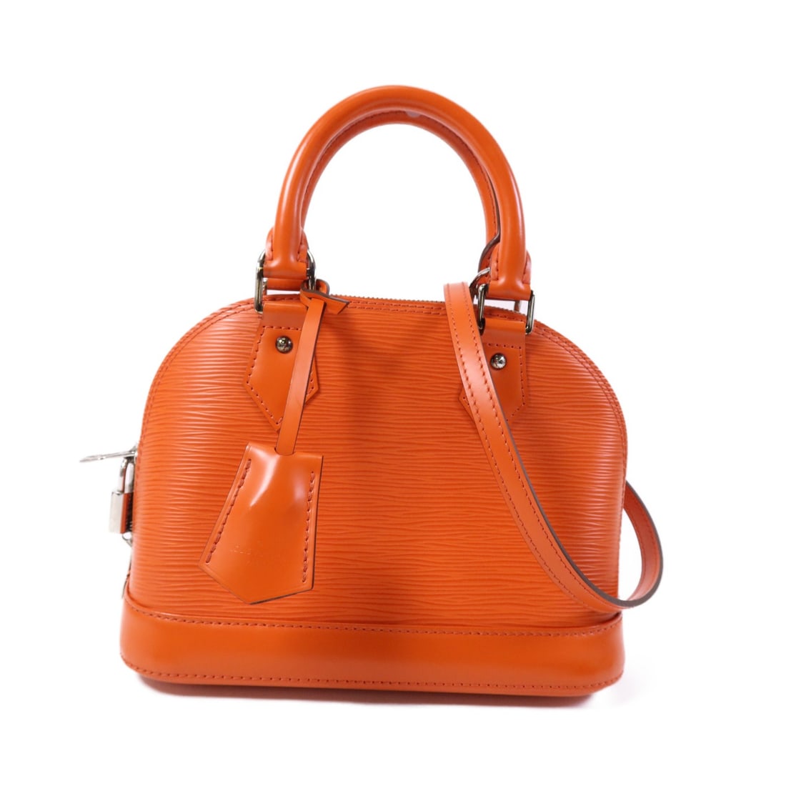Alma BB Orange Epi Calfskin Two Way Bag by Louis Vuitton M40854: Alma BB Orange Epi Calfskin Two Way Bag by Louis Vuitton M40854 This Louis Vuitton Alma BB 2 Way Shoulder Bag features an Epi leather exterior in a vibrant orange color, crafted from calfskin. Designe