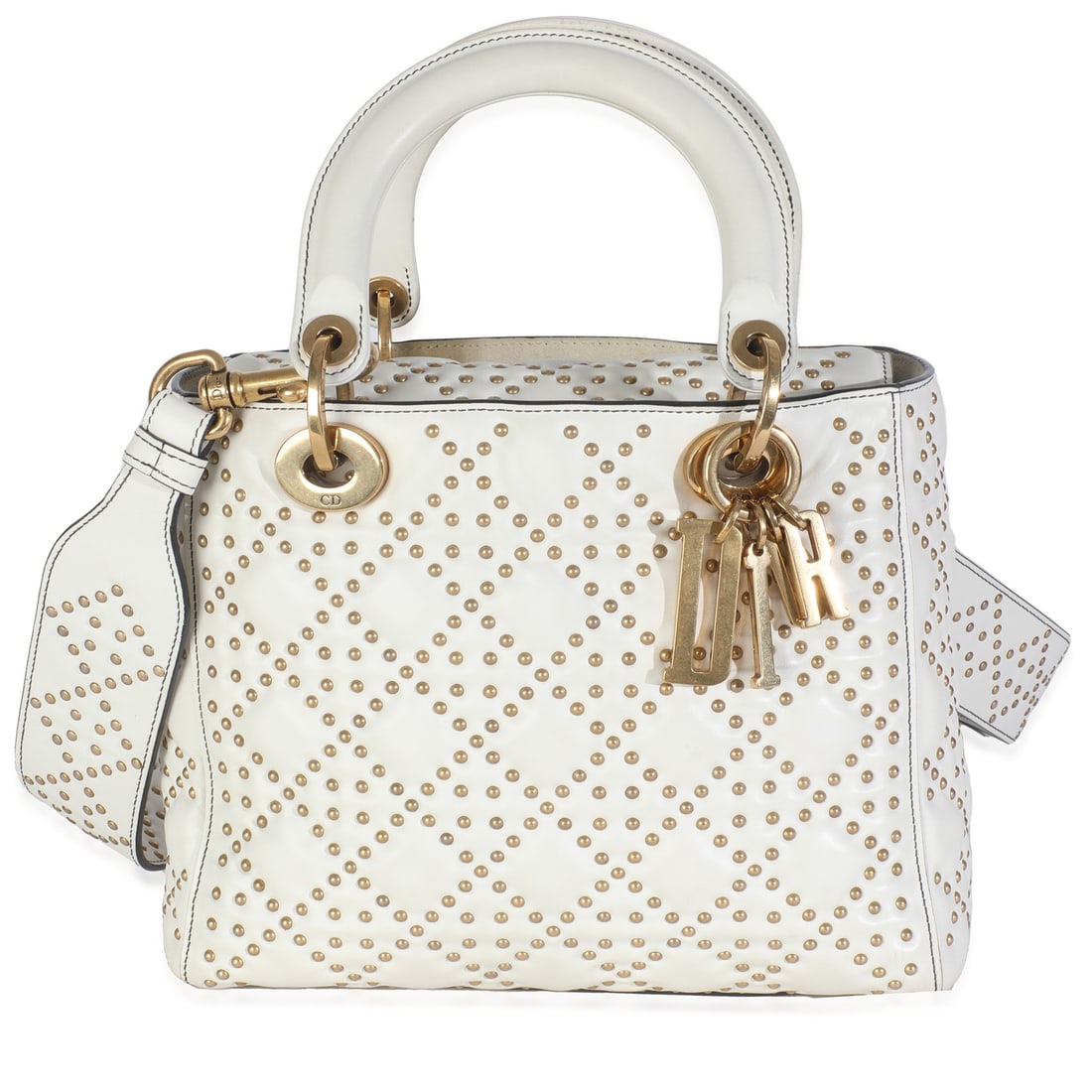 White Medium Lady Dior Bag with Studded Leather and Removable Strap: White Medium Lady Dior Bag with Studded Leather and Removable Strap This Christian Dior Medium Lady Dior handbag features a supple calfskin leather exterior in white with cannage quilting and studded