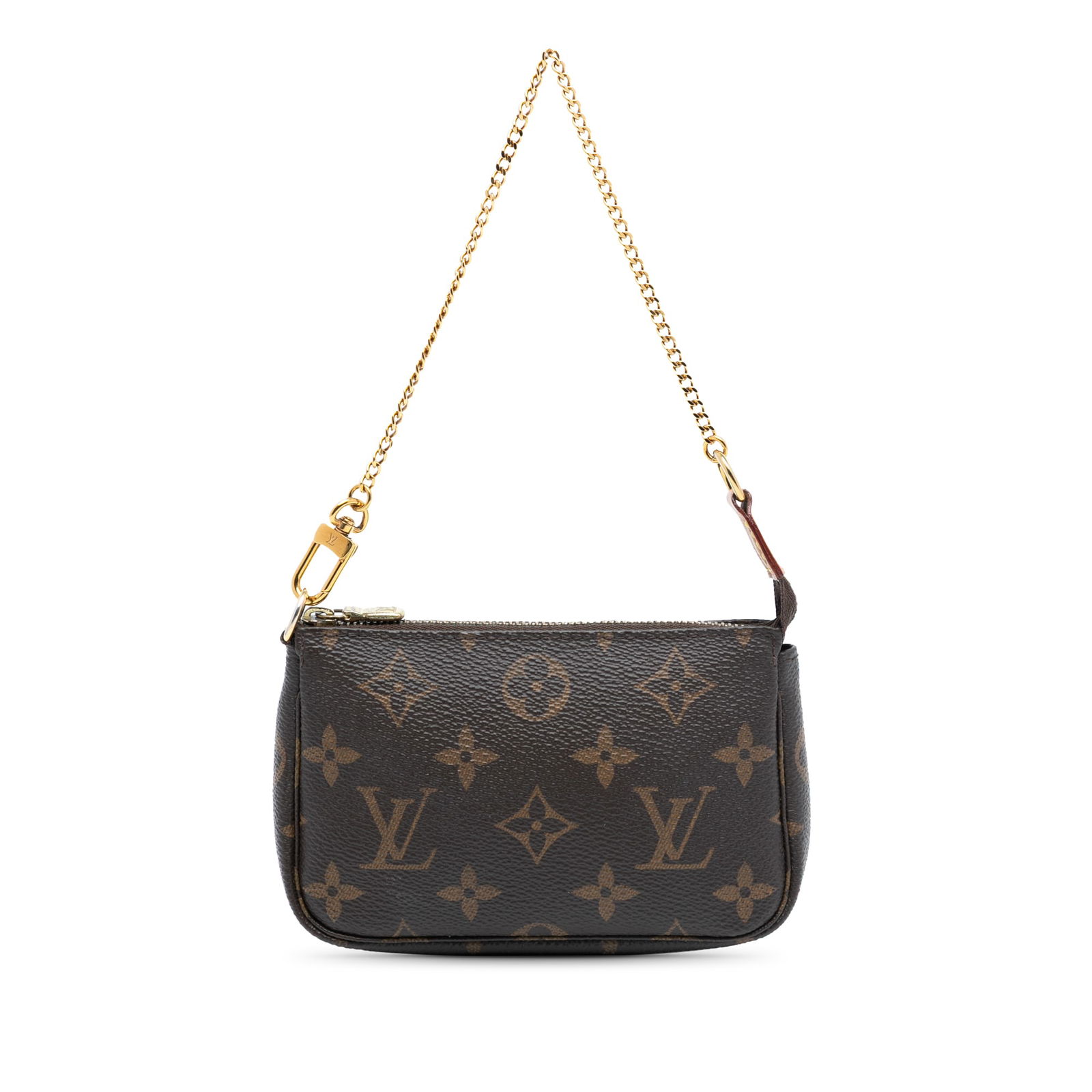 Brown Canvas Mini Pochette Bag with Gold Chain by Louis Vuitton: Brown Canvas Mini Pochette Bag with Gold Chain by Louis Vuitton This Louis Vuitton Mini Pochette Accessoires features the iconic monogram canvas, complemented by a gold-tone chain strap and a top zip