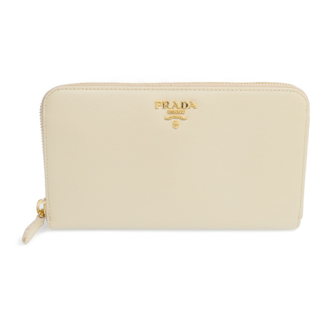 Prada Saffiano Ivory Leather Long Wallet with Gold Hardware 1M0506: Prada Saffiano Ivory Leather Long Wallet with Gold Hardware 1M0506 This Prada long wallet features durable Saffiano leather in an ivory white color, complemented by a zipper closure. Crafted in Italy,