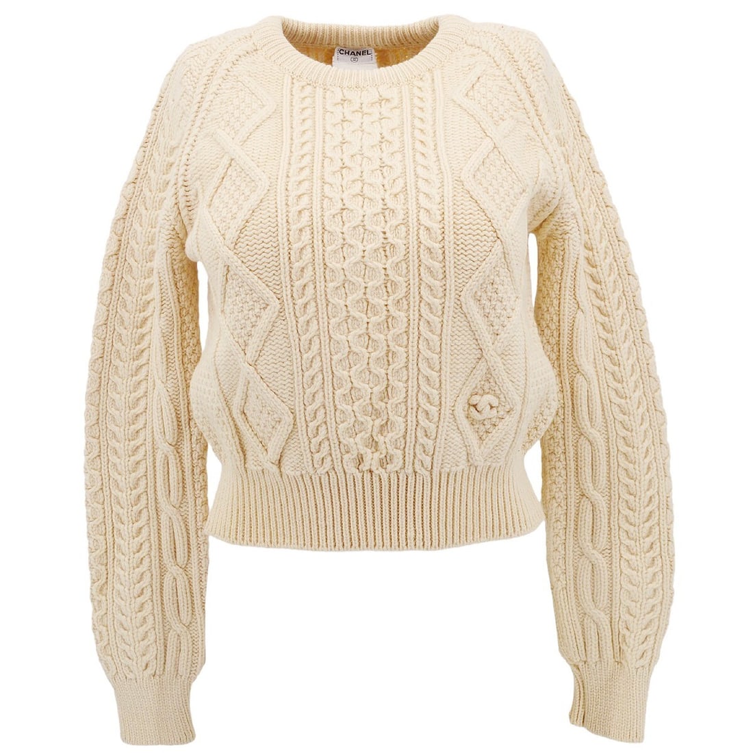 Chanel Ivory Fisherman Sweater 100% Wool Size 40: Chanel Ivory Fisherman Sweater 100% Wool Size 40 This elegant Chanel Fisherman Sweater in a classic ivory hue is a timeless addition to any wardrobe. Crafted from 100% wool, it offers warmth and comfo