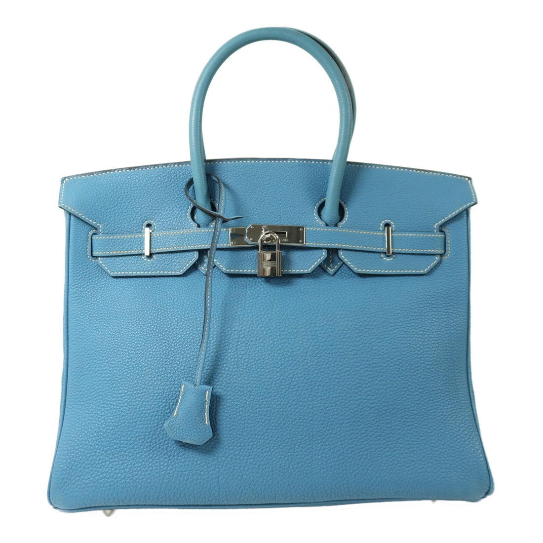 Hermes Birkin 35 Blue Jean Togo Leather Handbag with Palladium Hardware: Hermes Birkin 35 Blue Jean Togo Leather Handbag with Palladium Hardware This Hermes Birkin 35 handbag is crafted from Togo calfskin leather in a distinctive Bleu Jean color. It features palladium hard