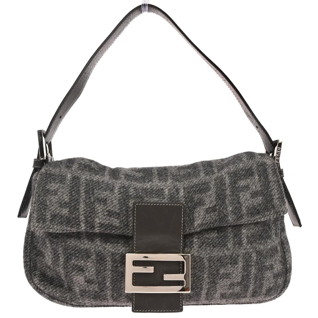 Fendi Baguette Gray Wool Shoulder Bag with Silver Hardware: Fendi Baguette Gray Wool Shoulder Bag with Silver Hardware This Fendi Baguette handbag is crafted from gray wool and features the iconic Zucca logo accent. Designed with a medium size, it includes an