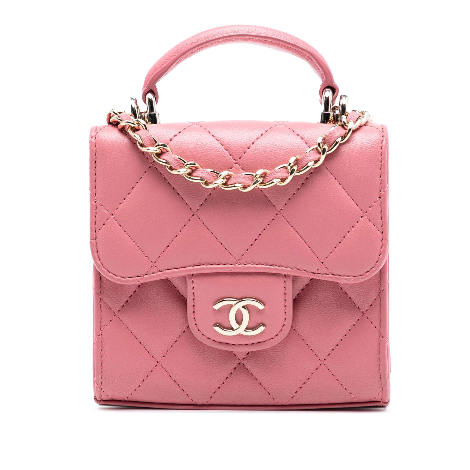 Chanel Pink Lambskin Quilted Coin Purse with Chain and Top Handle: Chanel Pink Lambskin Quilted Coin Purse with Chain and Top Handle This Chanel CC Lambskin Top Handle Flap Coin Purse with Chain features a quilted lambskin leather body in pink, a flat leather top han