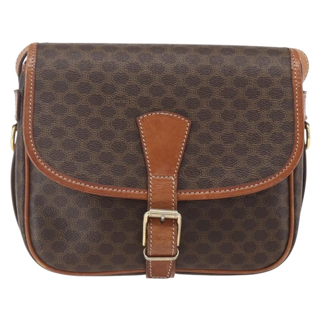 Macadam PVC and Leather Shoulder Bag by Celine Brown: Macadam PVC and Leather Shoulder Bag by Celine Brown This Celine Macadam shoulder bag is crafted from brown PVC leather, designed for women. It features a compact size suitable for daily use with a sh