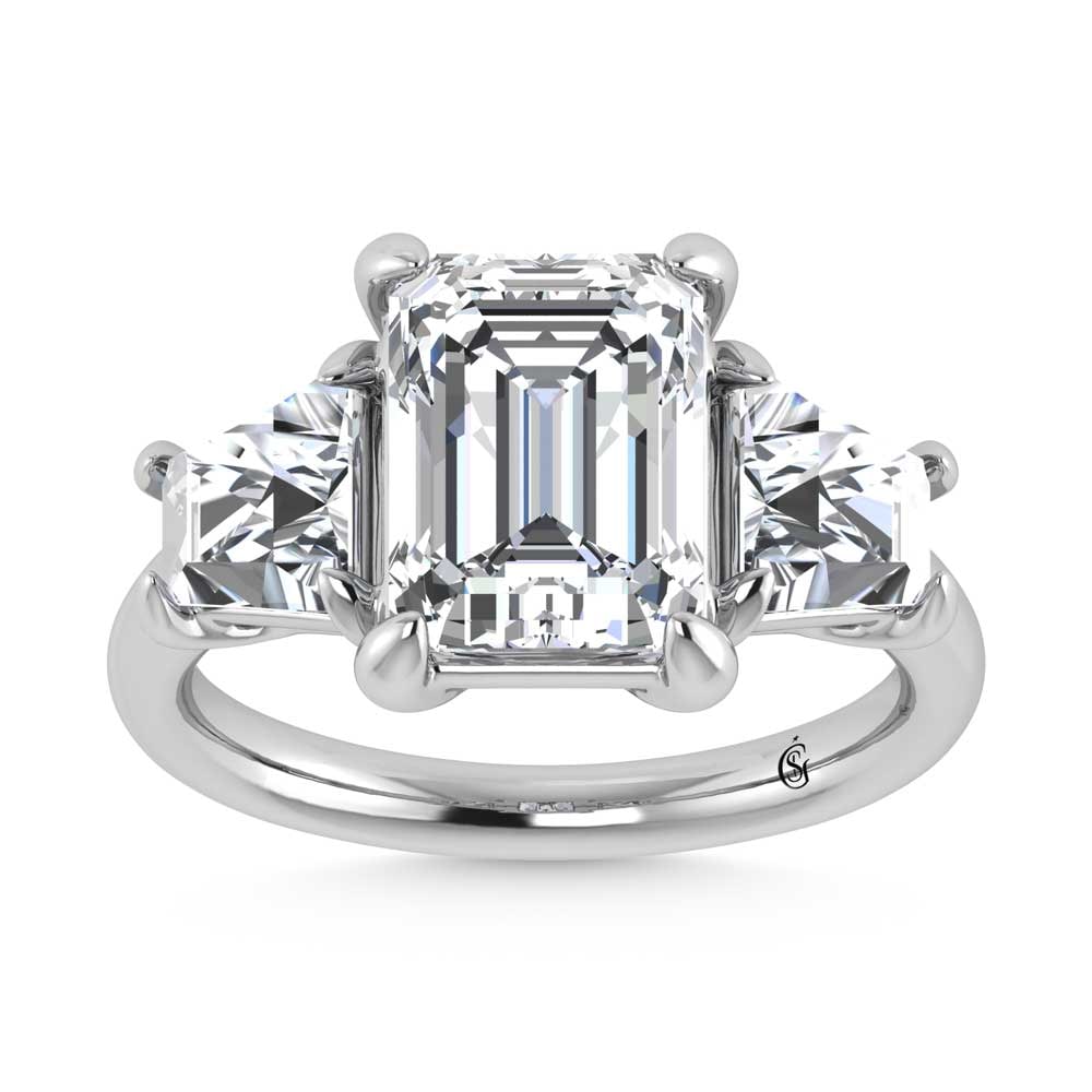 14K White Gold Lab Grown Diamond 5 1/2 Ct.Tw. Emerald Shape Three Stone Engagement Ring: 14K White Gold Lab Grown Diamond 5 1/2 Ct.Tw. Emerald Shape Three Stone Engagement Ring This stunning three-stone ring features a sparkling 4 CT Emerald Center diamond with two shimmering side diamond