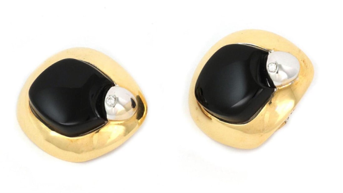 Pair of Talento Onyx and Diamond 18k Yellow White Gold Clip Post Earrings: Pair of Talento Onyx and Diamond 18k Yellow White Gold Clip Post Earrings These vintage and antique earrings by Talento feature a sophisticated design with black onyx and 0.04ct diamonds set in 18k ye