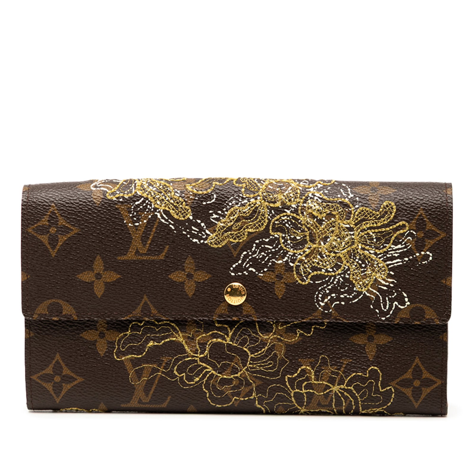 Louis Vuitton Monogram Dentelle Sarah Long Wallet Brown Floral Design: Louis Vuitton Monogram Dentelle Sarah Long Wallet Brown Floral Design This stunning Louis Vuitton Monogram Dentelle Sarah Long Wallet showcases a beautiful monogram canvas adorned with floral details.