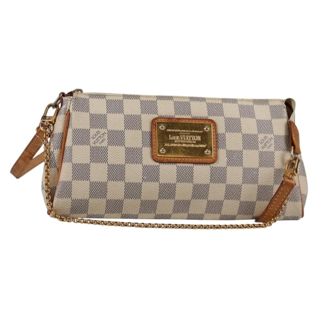 White Canvas Louis Vuitton Eva Shoulder Bag 25cm x 12.5cm x 4.5cm: White Canvas Louis Vuitton Eva Shoulder Bag 25cm x 12.5cm x 4.5cm This Louis Vuitton Eva Handbag in Damier canvas features a white exterior with signs of wear including shape loss, rubbing, stains, su
