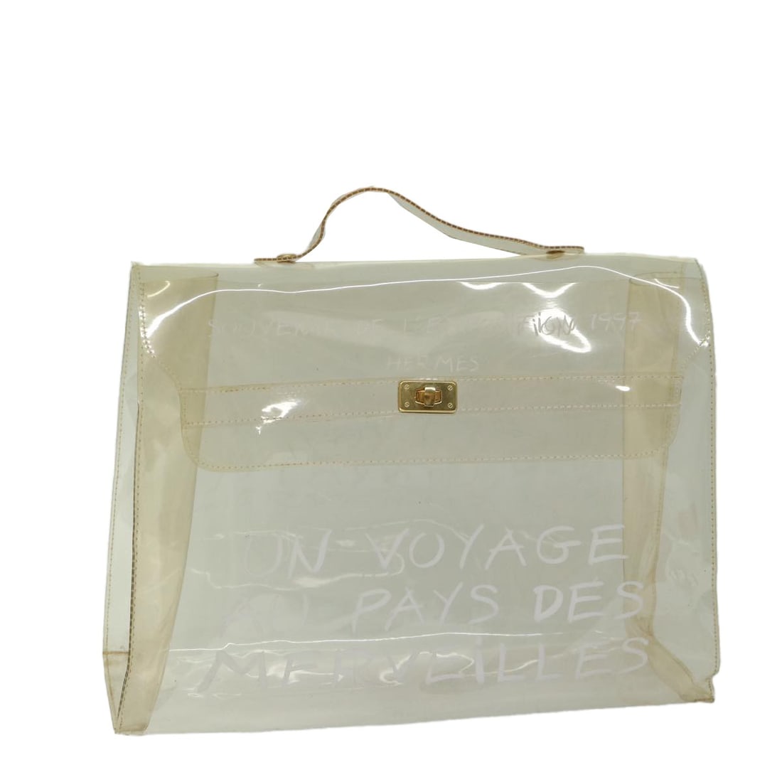 Transparent Plastic Hermes Kelly Handbag 39cm by 30cm by 11cm: Transparent Plastic Hermes Kelly Handbag 39cm by 30cm by 11cm This Hermes Kelly handbag for women features a transparent plastic material with a structured design. It measures 39cm x 30cm x 11cm and o