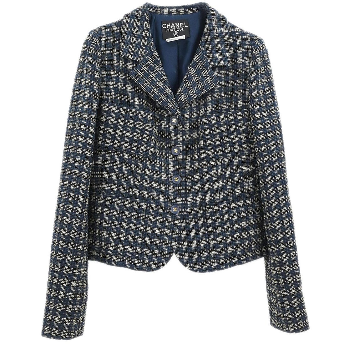 Navy Wool Blend Single Breasted Chanel Jacket Size 42 95A: Navy Wool Blend Single Breasted Chanel Jacket Size 42 95A This vintage Chanel single-breasted jacket features a mid-length design in classic navy. Crafted from a blend of 65% wool, 30% acrylic, and 5%